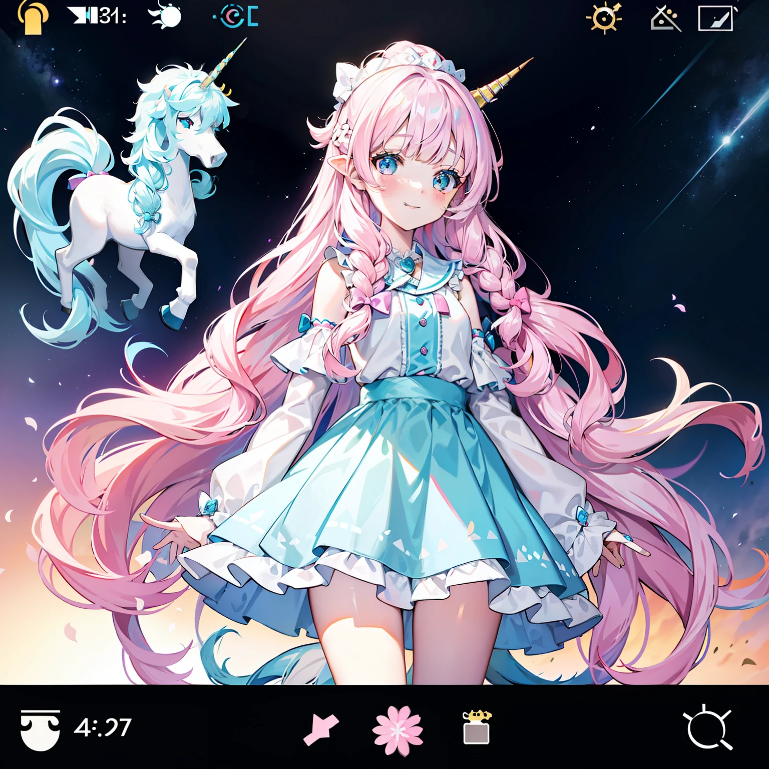 one-girl,long whitr hair,Two twisted braids,Unicorn core style, Rococo pastels, oshare kei, Cute girl, character design,,ssmile,Delicate big eyes,There are unicorn horns on the top of the head,Light pink and blue, Screenshot Saturday - AR 3:4 --s 750 --niji5