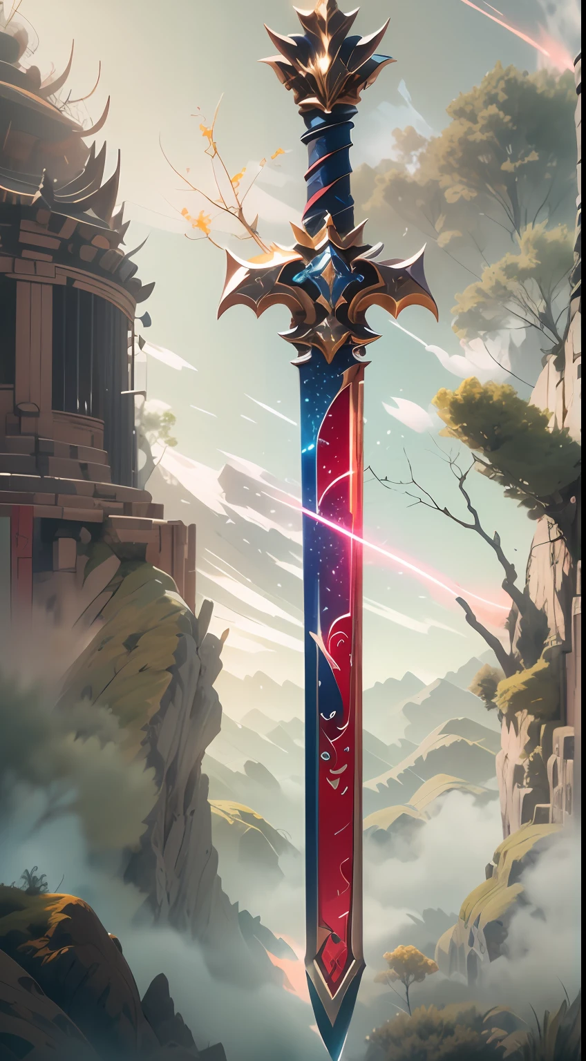 Excalibur,(((The body of the sword is wrapped with red and blue particle effects:1.3))),Edge,Sharp sword body,(The sword body is symmetrically ornamented:1.3),The tip of the dangling sword is downward,(Excalibur's entire body is centered:1.3),Mid-range close-up,(Overall silhouette:1.3),Fantastic ancient Chinese landscape,Ultra photo realsisim,super-fine,8K,Premium wallpapers,Highest image quality,3D,C4D,Master masterpieces,octaneratingrendering