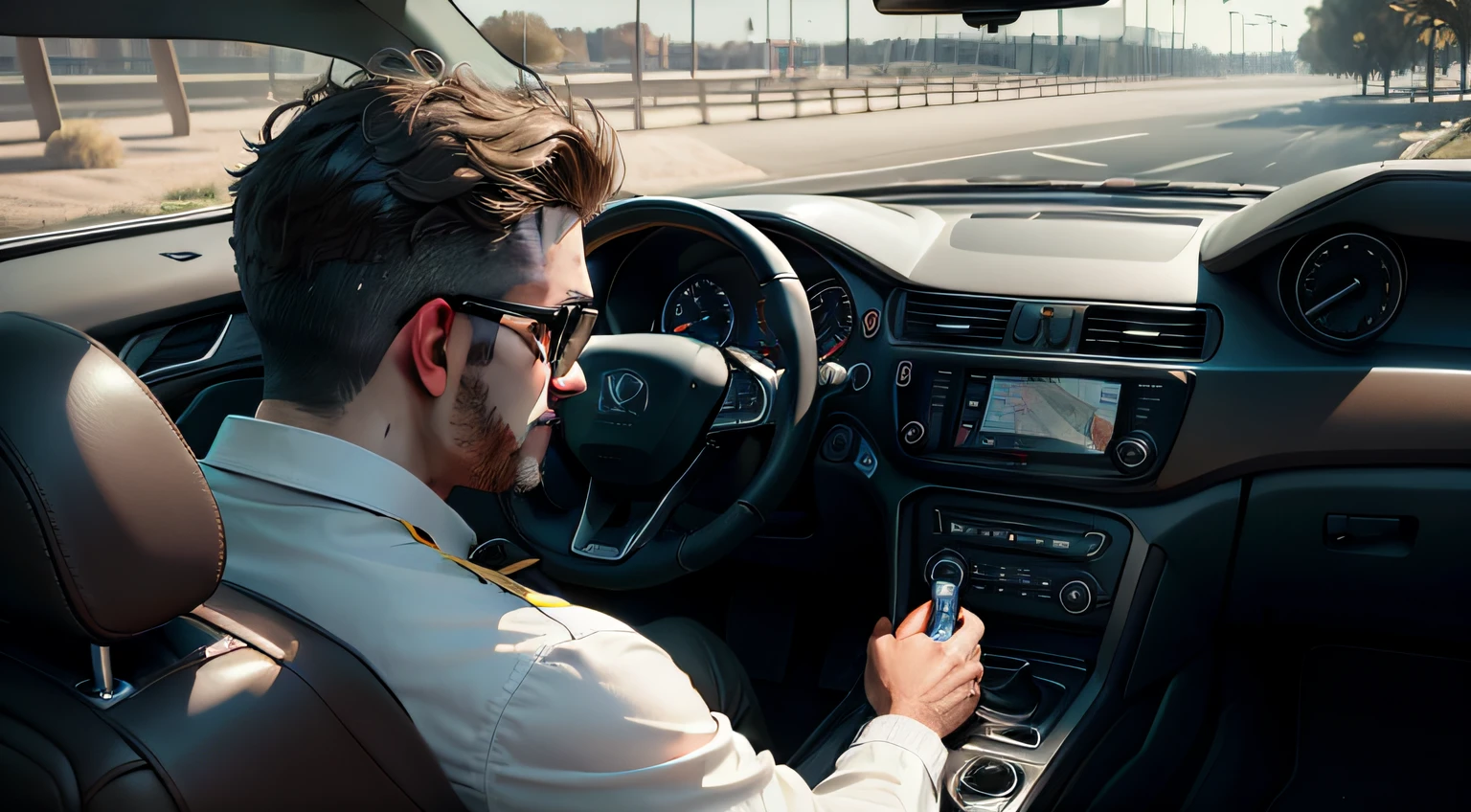 Realistic photo ,side view ,a men drive the car ,shooting time: daytime , lighting conditions: blue sunny day, canon EOS R ,ultra HD,8K resolution