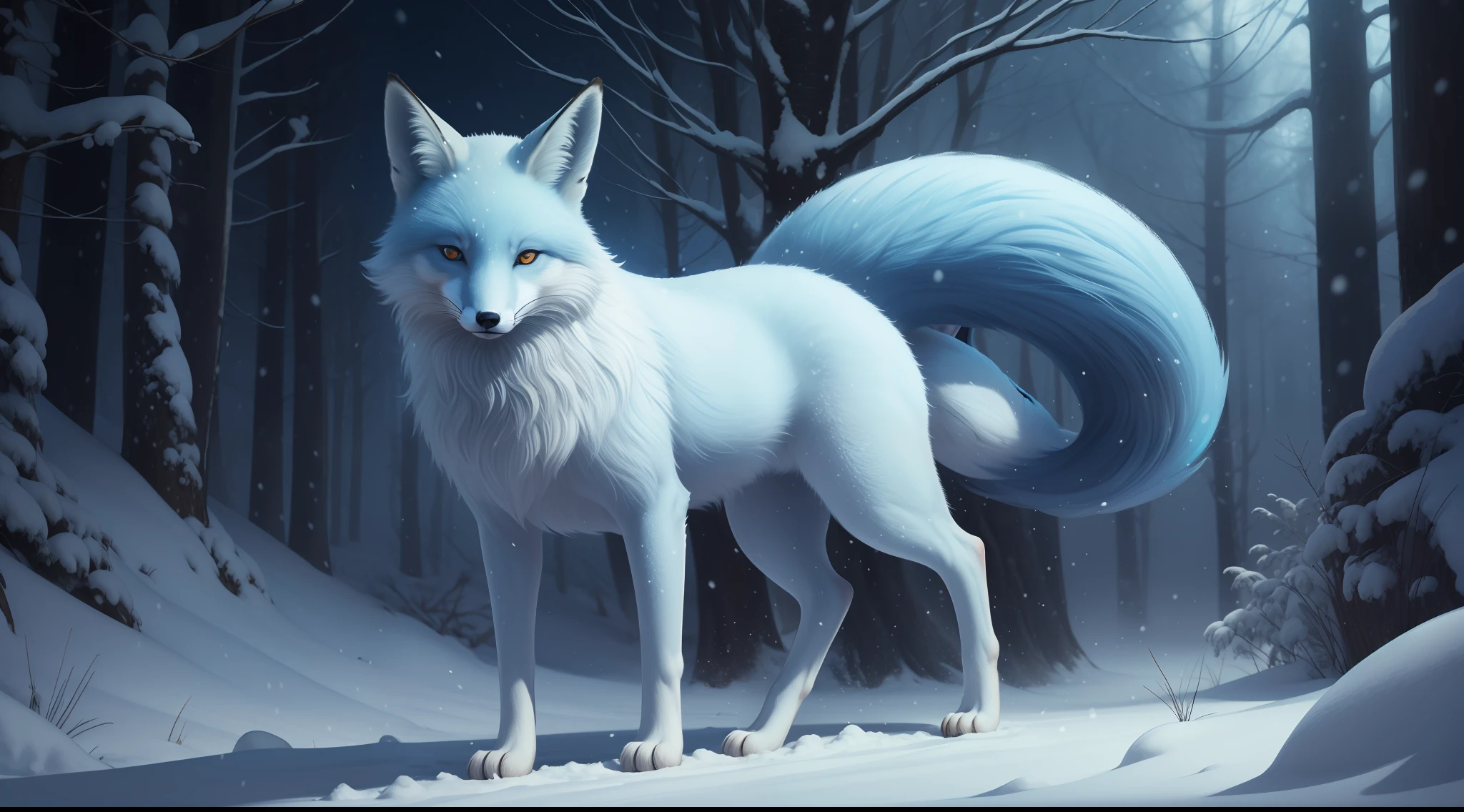 a fox with full body snow fur, aqua bleu eyes, cool eyes, mysterious atmosphere, portrait, eternal fantasy background, high quality, extremely detailed, digital painting,