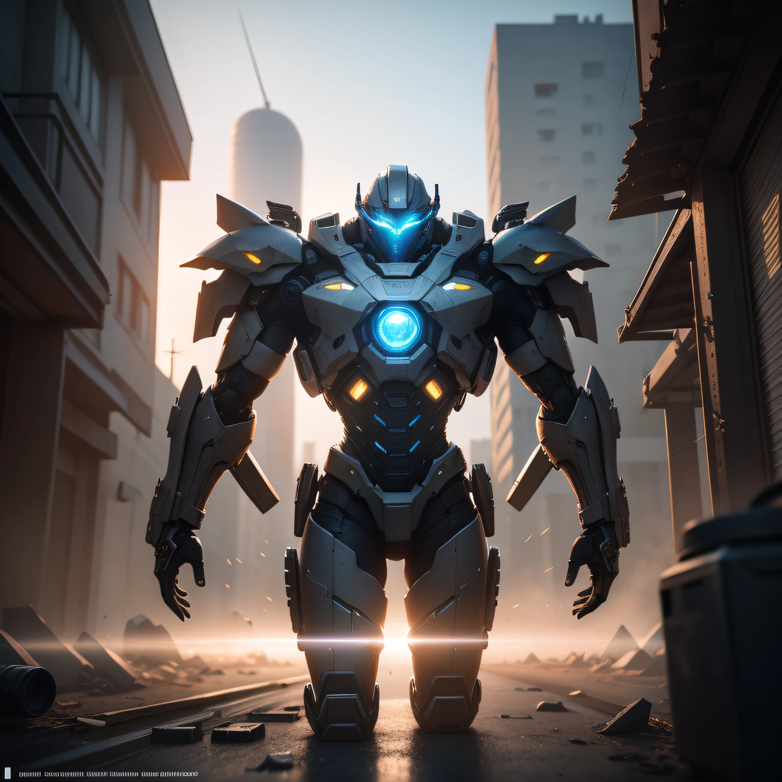 （（best qualtiy））， （（tmasterpiece））， （The is very detailed：1.3）， 3D， Shitu-mecha， Beautiful cyberpunk man with his sky blue mech in the ruins of the city of the forgotten war， Ancient Techniques， HDR（HighDynamicRange）， Ray traching， NVIDIA RTX， Hyper-Resolution， Unreal 5， sub surface scattering， PBR Texture， post-proces， Anisotropic filtering， depth of fields， Maximum clarity and sharpness， Many-Layer Textures， Albedo e mapas Speculares， Surface Coloring，Accurately simulate light-material interactions，perfectly proportions，rendering by octane，twotonelighting，Low ISO，White balance，trichotomy，Wide aperture，8K RAW，High-Efficiency Sub-Pixel，sub-pixel convolution，Luminous Particle，Light scattering，Tyndall effect