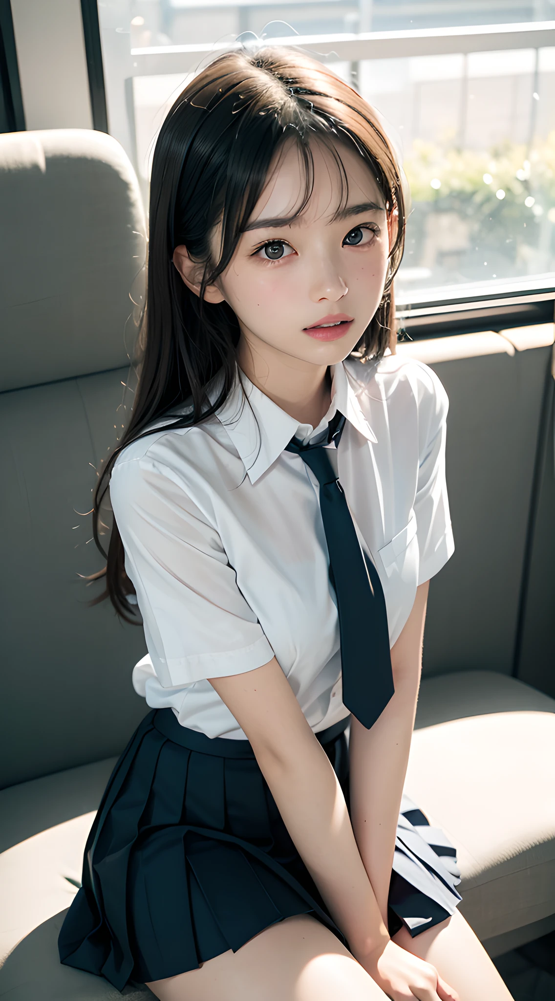 (masterpiece, best quality:1.2), 8k, 15yo, 85mm, official art, raw photo, absurdres, white dress shirt, pretty face, close up, upper body, violaceaess, gardeniass, beautiful girl, school uniform, (navy pleated skirt:1.1), cinch waist, thighs, short sleeve, in train, sitting on bench seat, looking at viewer, no makeup, (smile:0.4), film grain, chromatic aberration, sharp focus, facelight, clear lighting, teen, detailed face, bokeh background, (dark red necktie:1.1)