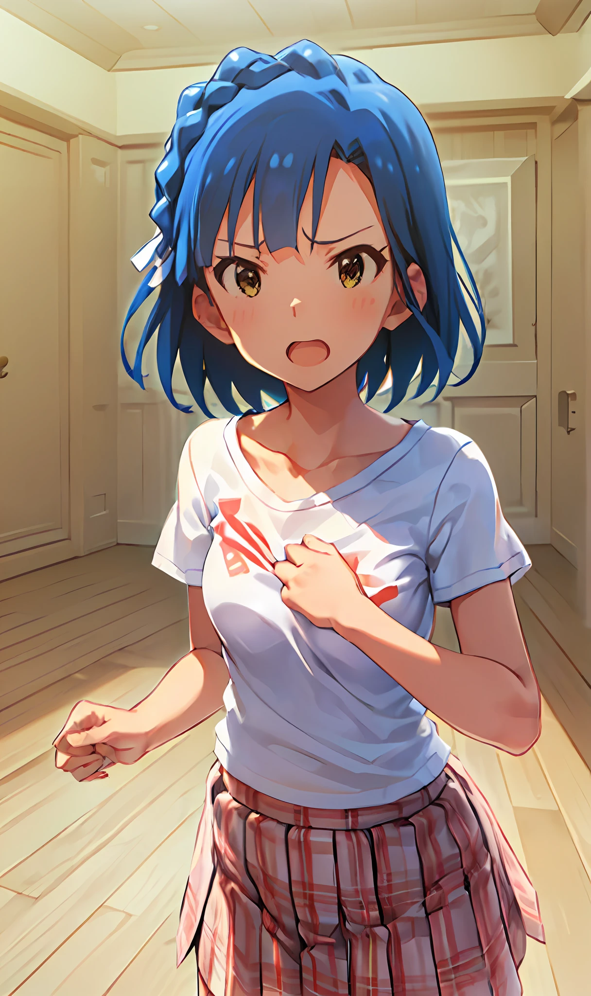 yuriko nanao (million live). Short stature. (((white t-shirts))).(((Skirt))).(((masterpiece))).(((best quality))).((Ultra-detailed))).(((illustratio))). (((fighting stance))).(((a room))).(((make a fist))).(((up chest))).Despair face.(((short-hair))).((big breasts)).((Opening Mouth)).