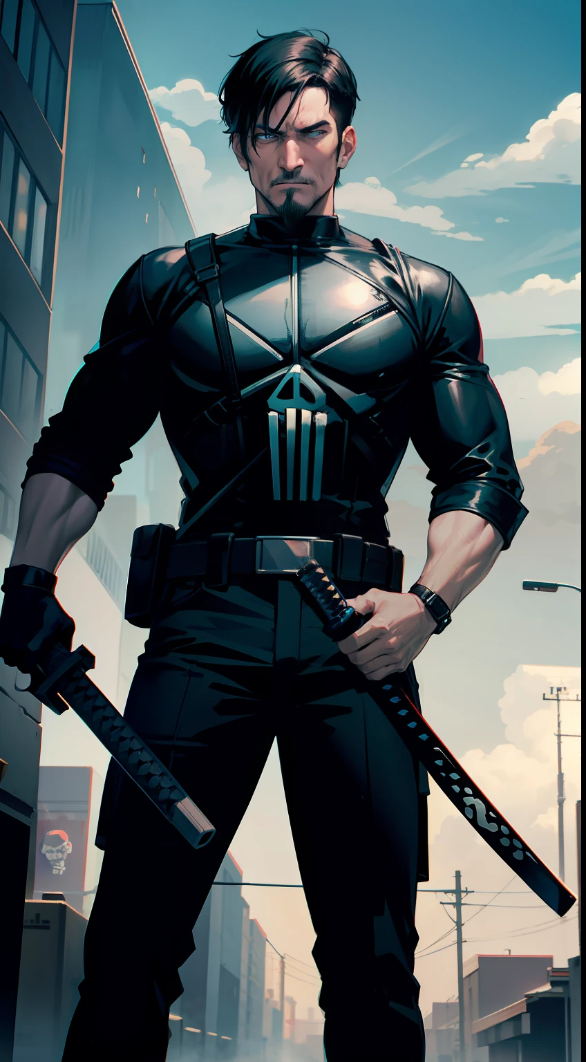 adult man, Short black hair, Cyan eyes, the Punisher, anger, katana, smirk, Masterpiece, hiquality