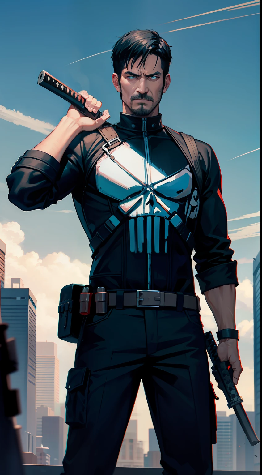 adult man, Short black hair, Cyan eyes, the Punisher, anger, katana, smirk, Masterpiece, hiquality