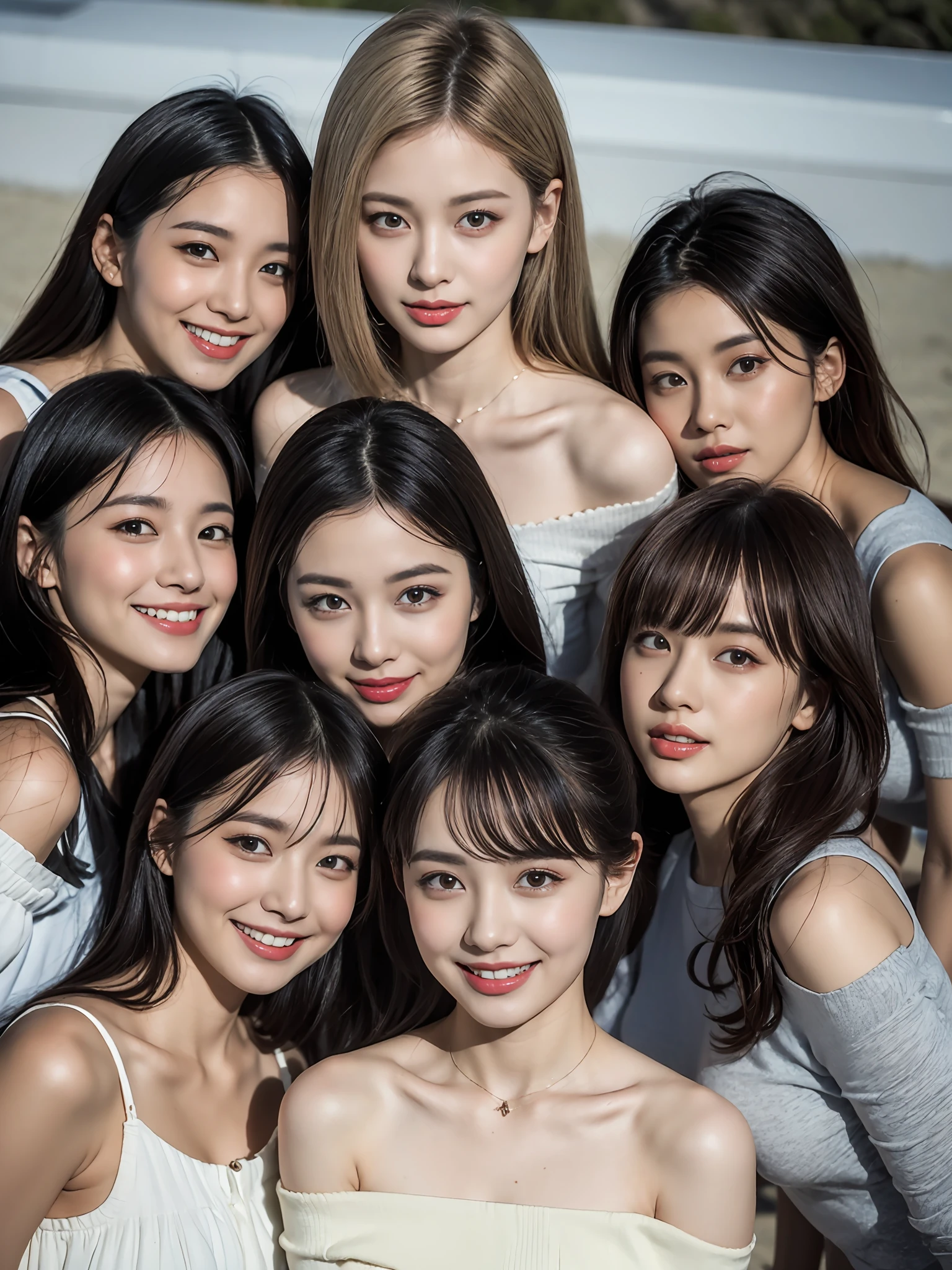 (8K、RAW photography、top-quality、tmasterpiece:1.2)、ultra - detailed、Hyper-Resolution、(hyper realisitc:1.4)、(Use the kiss you throw as a camera)from the above、camera shot from above、Shoot the camera angle from above、I look at this with upward eyes、Arms outstretched、Arms spread wide、Use high-quality images taken from above with your camera、(5 girls on the beach 1:1.3)、、Offshore girls(dreamlike lighting)Head to waist、、white skinned、Fair-skinned female proofreading、super high image quality、、Beautiful female proofreading reflecting in light、astonishing detail、Beautiful girls in very detailed、(Faces with different patterns1:1.2)、(Different facial mood 1:1.3)、Each hairstyle has its own characteristics、colours々Hairstyles、colours々The hair color shines with a clean sheen、I love fishing on the boat、Brown hair shining in the light、One has a ponytail、、Modern cute girl、very detailed faces very detailed eyes、Very realistic skin、 Extremely detailed fingers, Highly detailed nose, highly detail mouth, perfect anatomia, (Off-the-shoulder ta costume 1:1.2)、、Their hair details sparkle、Hot teeth and smiles、Realistic body, white skinned, glistning skin, Slim body, Long straight hair, (Blunt bangs:1.2), , nixeu and sakimichan, twice, seifuku, sakimichan, promotional still, lalisa manobal, alena aenami and lilia alvarado