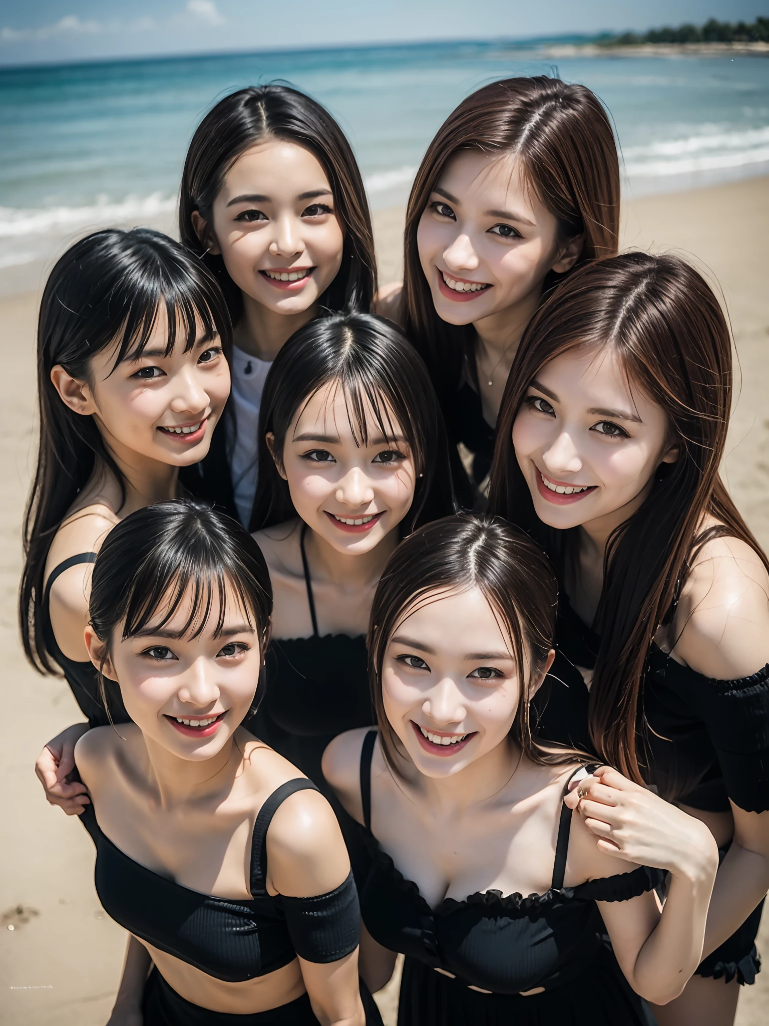 (8K、RAW photography、top-quality、tmasterpiece:1.2)、ultra - detailed、Hyper-Resolution、(hyper realisitc:1.4)、(Use the kiss you throw as a camera)from the above、camera shot from above、Shoot the camera angle from above、I look at this with upward eyes、Arms outstretched、Arms spread wide、Use high-quality images taken from above with your camera、(5 girls on the beach 1:1.3)、、Offshore girls(dreamlike lighting)Head to waist、、white skinned、Fair-skinned female proofreading、super high image quality、、Beautiful female proofreading reflecting in light、astonishing detail、Beautiful girls in very detailed、(Faces with different patterns1:1.2)、(Different facial mood 1:1.3)、Each hairstyle has its own characteristics、colours々Hairstyles、colours々The hair color shines with a clean sheen、I love fishing on the boat、Brown hair shining in the light、One has a ponytail、、Modern cute girl、very detailed faces very detailed eyes、Very realistic skin、 Extremely detailed fingers, Highly detailed nose, highly detail mouth, perfect anatomia, (Off-the-shoulder Lolita costume 1:1.2)、、Their hair details sparkle、Hot teeth and smiles、Realistic body, white skinned, glistning skin, Slim body, Long straight hair, (Blunt bangs:1.2), , nixeu and sakimichan, twice, seifuku, sakimichan, promotional still, lalisa manobal, alena aenami and lilia alvarado