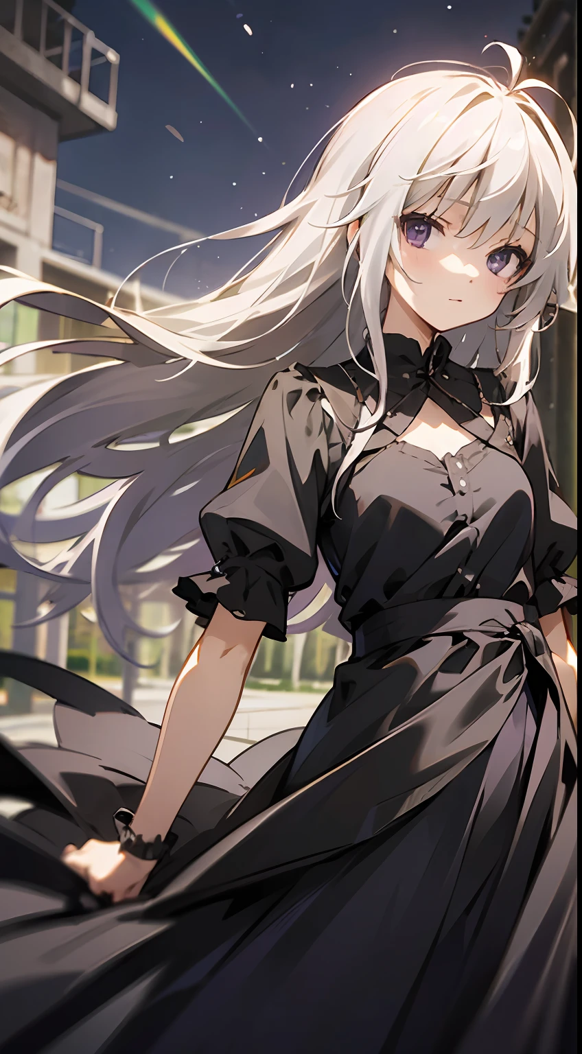 masterpiece, best quality, long hair, silver hair, purple eyes, wind, messy hair, outdoors, night, black dress,