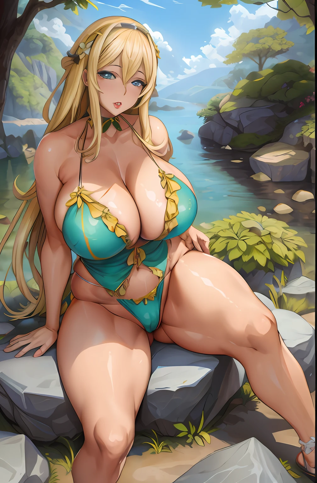 Alafed woman in bikini sitting on a rock by the river, very detailed Artgerm, Seductive Anime Girl, Commission for high resolution, Blonde goddess, small curvy , cutesexyrobutts, pixiv 3dcg, beautiful alluring anime woman, SFW huge breasts, Detailed Digital Anime Art, Chic, Swimsuit, anime goddess
