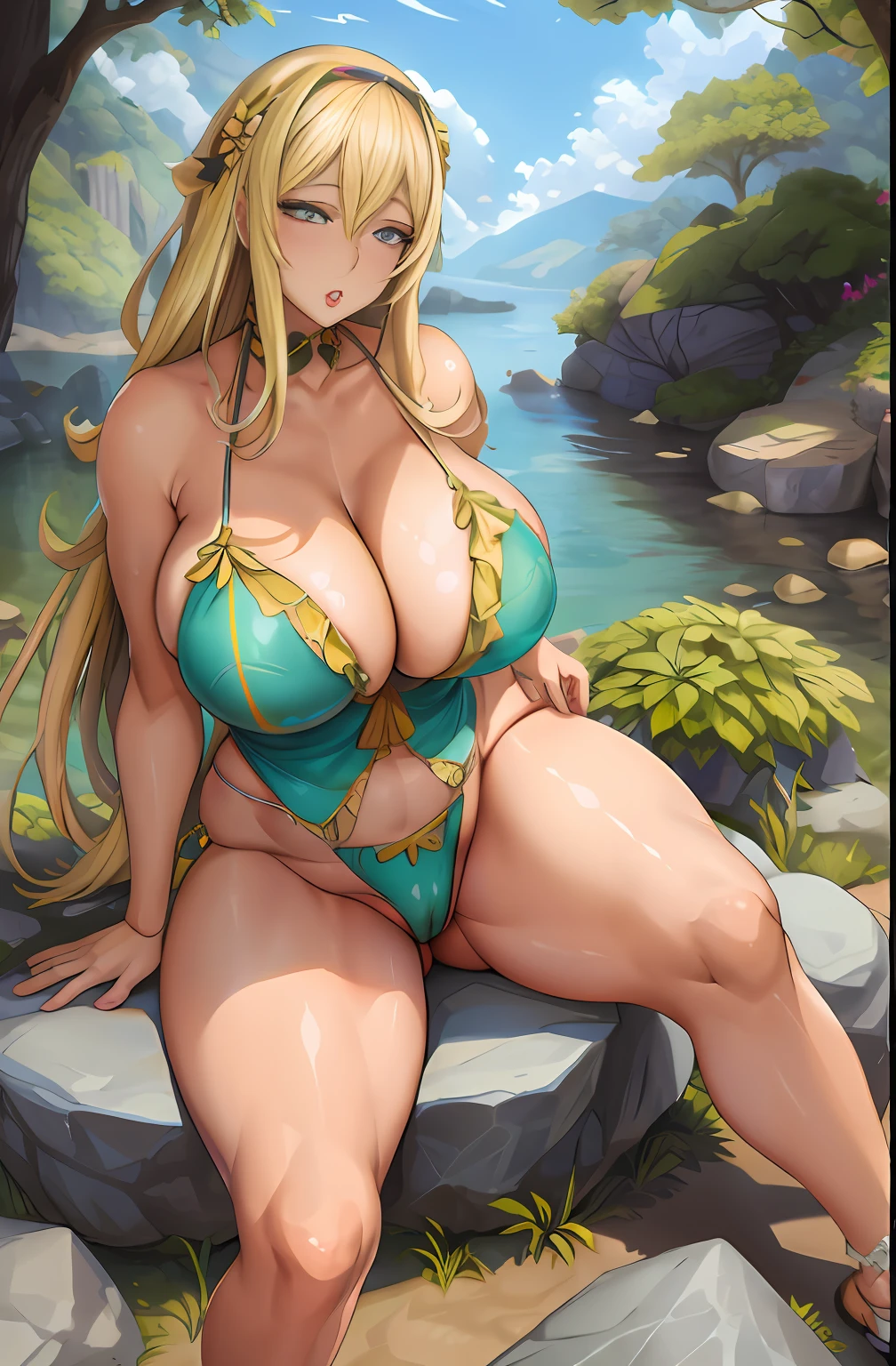 Alafed woman in bikini sitting on a rock by the river, very detailed Artgerm, Seductive Anime Girl, Commission for high resolution, Blonde goddess, small curvy , cutesexyrobutts, pixiv 3dcg, beautiful alluring anime woman, SFW huge breasts, Detailed Digital Anime Art, Chic, Swimsuit, anime goddess