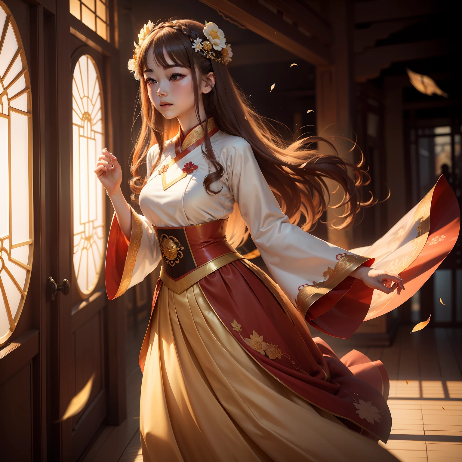 Need, masterpiece, high resolution, (exquisite body: 1.5), stunning beauty, (milk white skin: 1.3), exquisite details, high resolution, wallpaper, 1 female, solo, dress, hair accessories, (((golden red skirt)) ), flower, long hair, brown hair, shut up, accessories, long sleeves, raised hands, wide sleeves, big eyes, flowing hair, Hanfu, Hanfu, embroidery, long skirt, natural pose, falling petals, indoor , Fanning, Lantern, 16K, HDR, High Res, Depth of Field, (Film Grain: 1.1), Polken, Golden Hour, (Lens Flare), Vignette, Rainbow, (Color Toning: 1.5)