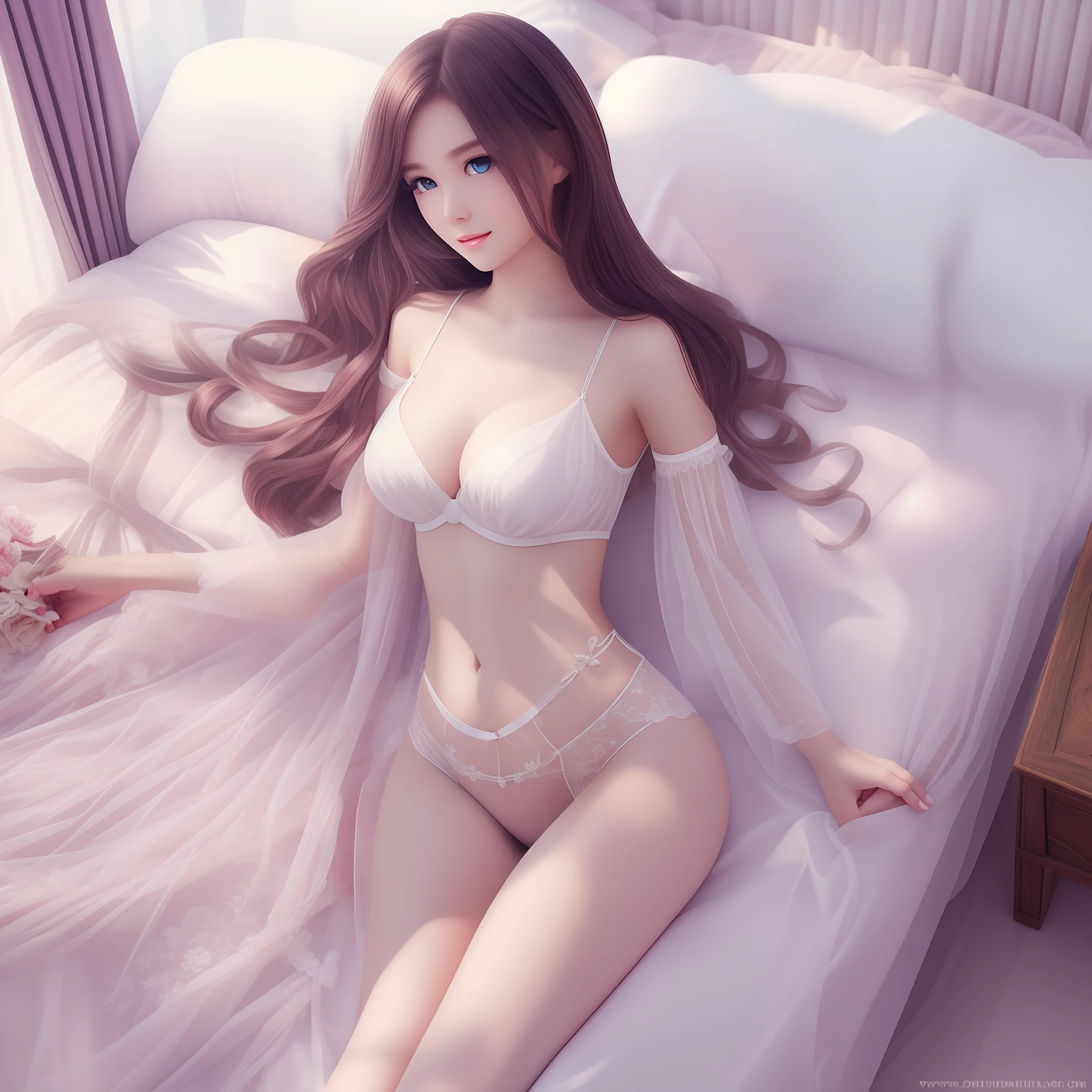 one-girl,Goddess of Excellence,The best stunner,Long black hair that reaches the waist,Complete details,Fingers intact,Fingers are normal,perfect proportion of body,Correct body details,Slim legs,Full body photo,The face is highly portrayed,The facial features are delicate and beautiful,Delicate and fair skin,White and tender,Wearing only white single-layer openwork tulle pajamas,Lie down in bed,Lie down in bed, legs are open,legs are open,Pajamas are narrow ,the breasts are large,Close-up of chest,A lot of the chest is exposed,Beautiful and seductive girl, Snow-white skin, beautiful goddess woman,no brassiere,with no underpants,Delicate white stockings, Attractive girl, 8K high quality detailed art, Beautiful goddess。HD graphics,Wallpapers。