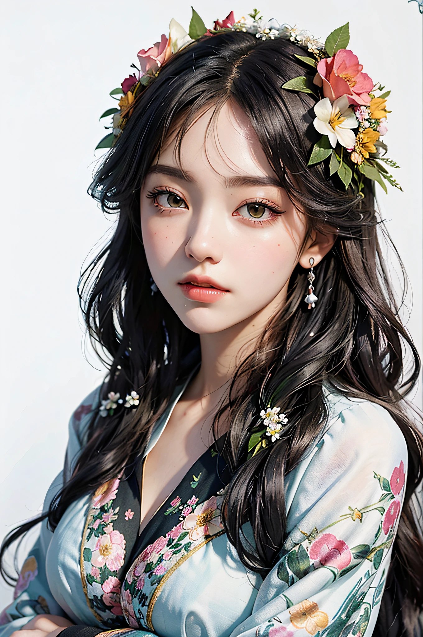 (white background:1.4), ((tachi-e)), original,(illustration:1.1),(best quality),(masterpiece:1.1),(extremely detailed CG unity 8k wallpaper:1.1), (colorful:0.9),(panorama shot:1.4),(solo:1.2), (ink splashing),(color splashing),((watercolor)), clear sharp focus,{ 1girl standing },((korean style )),flower background,outdoors,rocks, looking at viewer, make happy expressions,soft smile,pure,beautyfull detailed face and eyes,beautyfull intricacy clothing decorative pattern details, black hair,black eyes,colorwater Face closeup shot,1 Beautiful woman with flowers in her hair and a wreath of flowers, woman in flowers, covered with flowers, girl in flowers, covered in flowers, flower storm portrait, wrapped in flowers, female portrait with flowers, flower goddess, laying on roses, inspired by Arthur Hughes, roses in her hair, persephone in spring, floral couture, queen of flowers