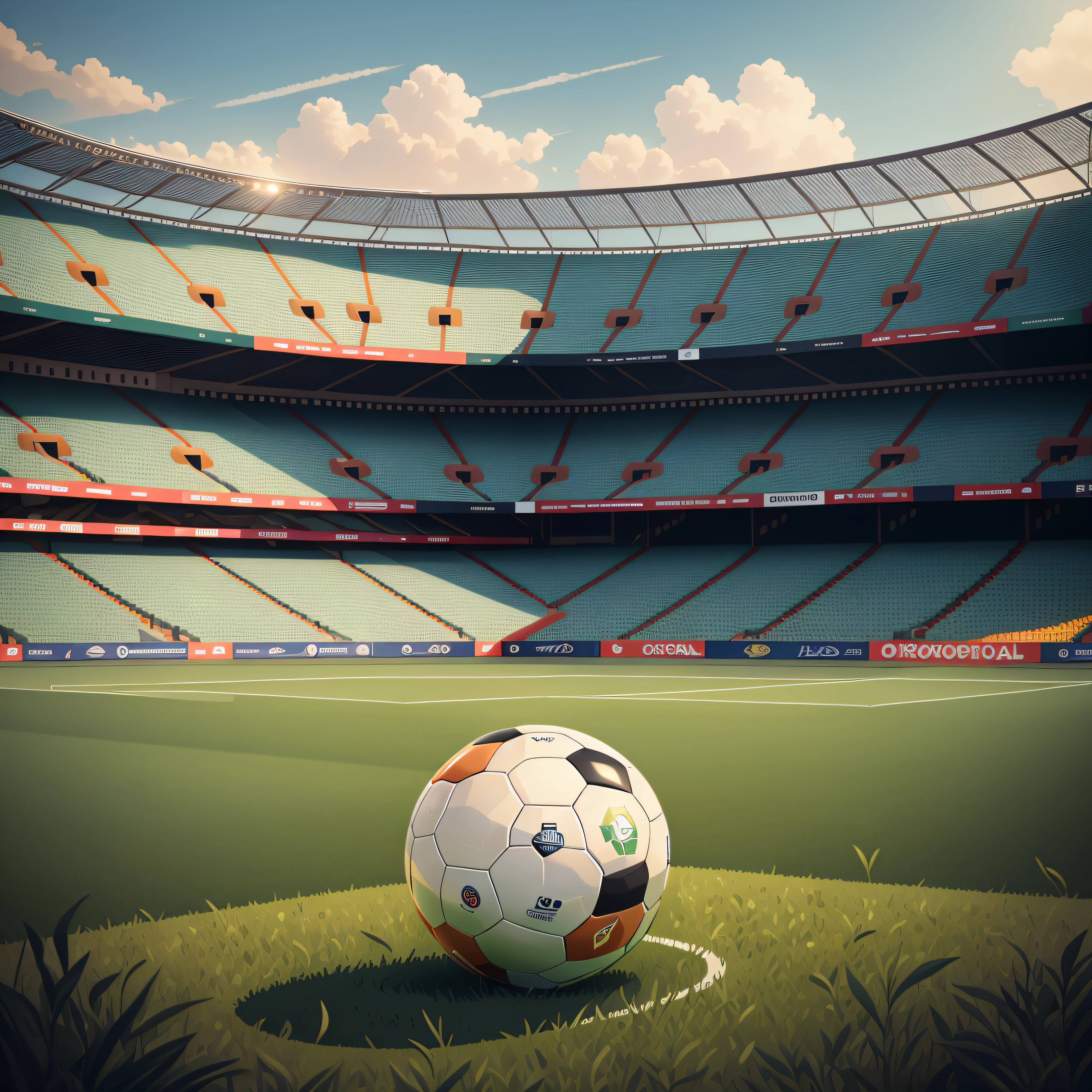 obra prima, there is a soccer ball on the grass in front of a stadium, bola futebol, futebol, artistic depiction --auto --s2