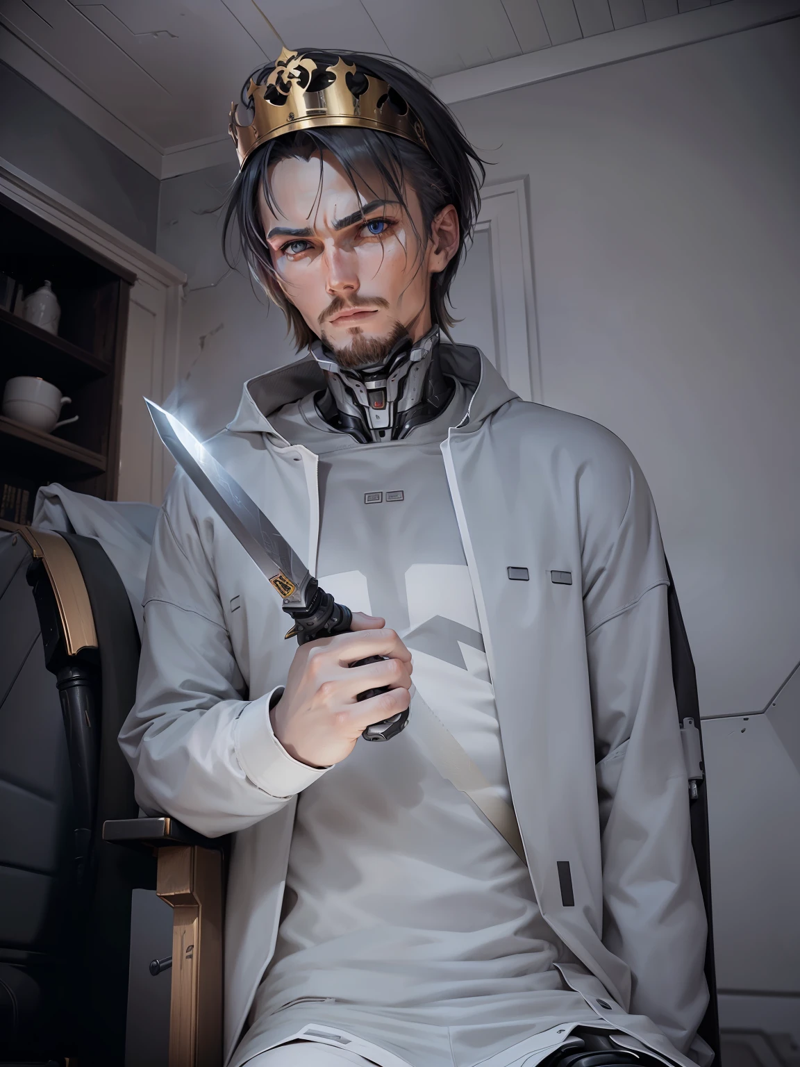 A king sits alone in a room, he wares a white jacket and holds an old sword, he a cybernetic right arm.
