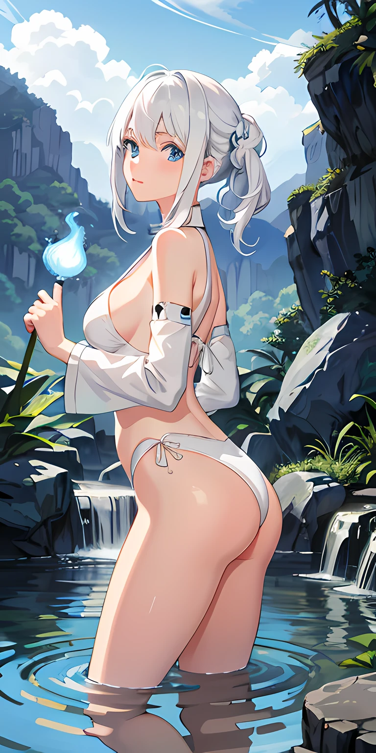 1girl, White hair, blue color eyes, sportrait, photorealestic,  (onsen), sidelighting, wallpaper, nsfw,