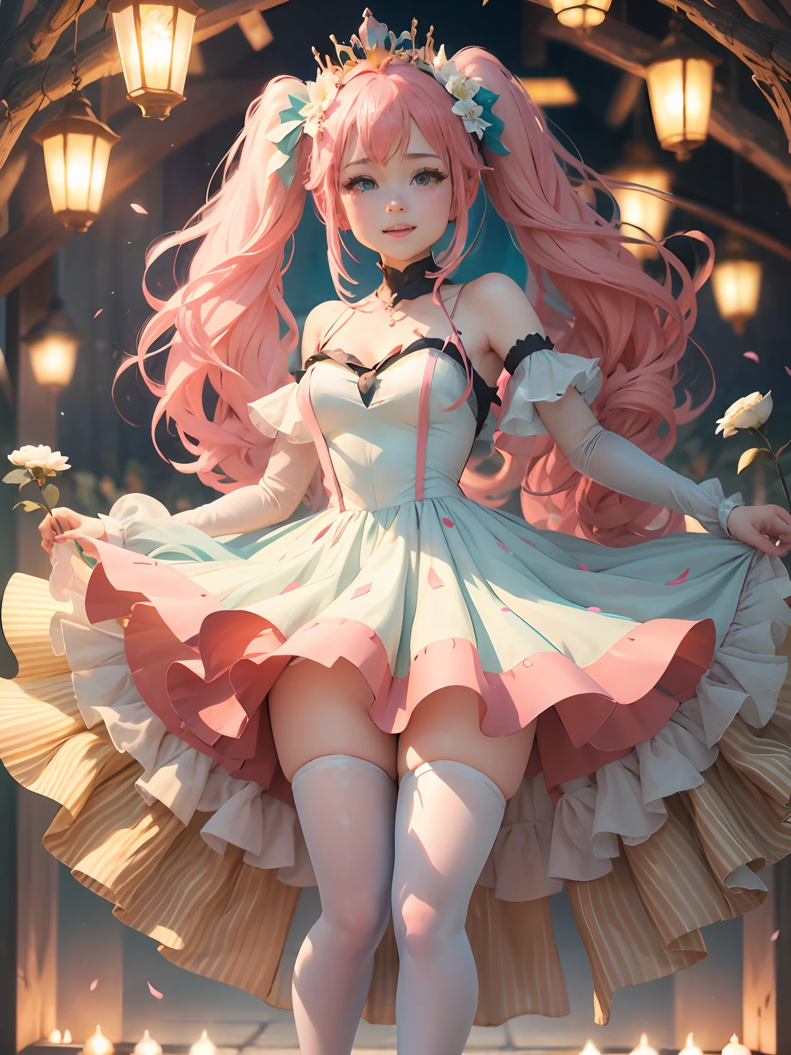 Miku，medium_chest，princess_dress，colourful_stages，tiara crown，tmasterpiece，full_body，white_thighhighs，extremely_detailed_CG_unity_8k_wallpaper，独奏，1girll，lamplight，Flowers in the air，cheerfulness，Behind the arm，A pink-haired，By bangs