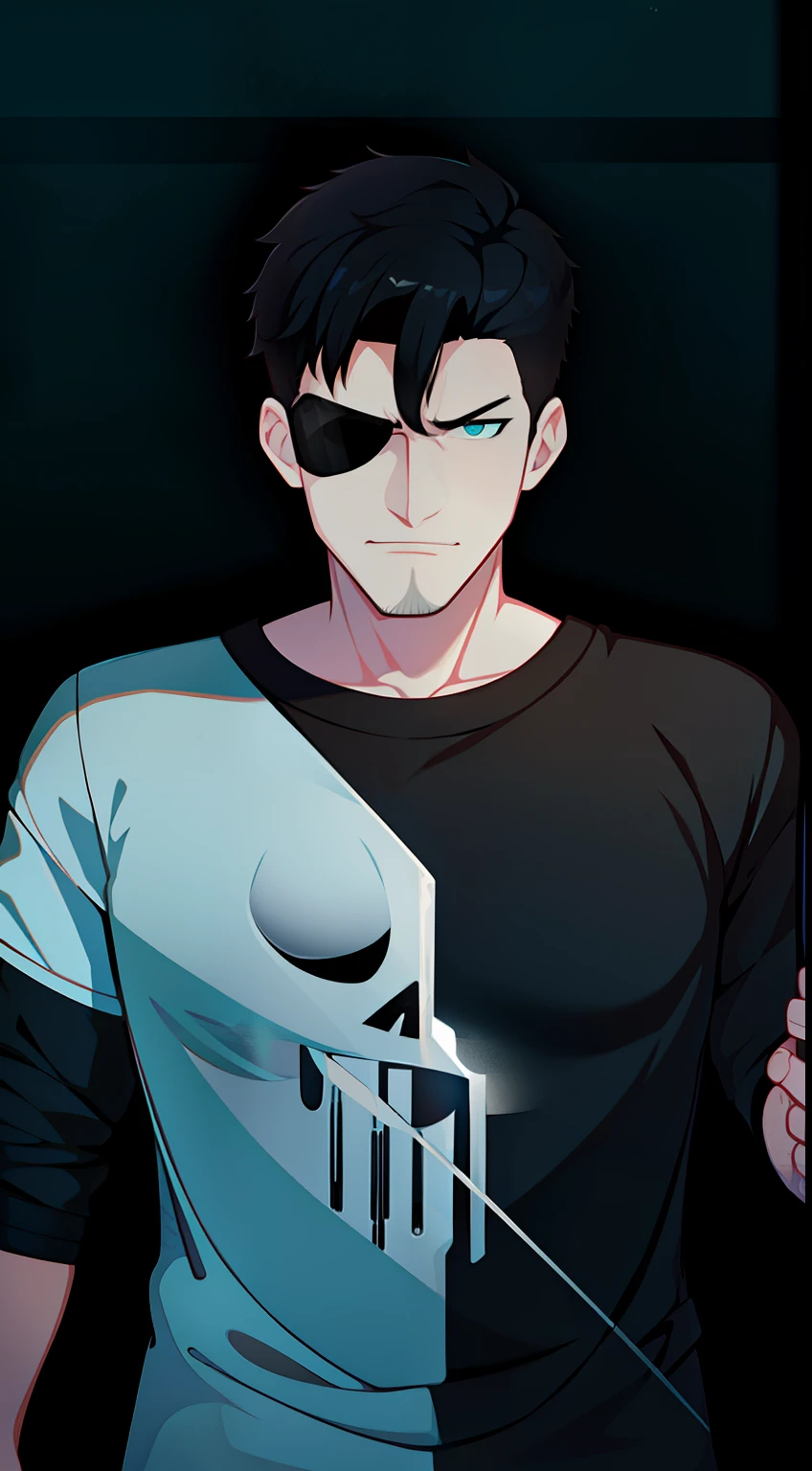 adult man, short black hair, Cyan eyes, the Punisher, anger, katana, smirk, Masterpiece, hiquality