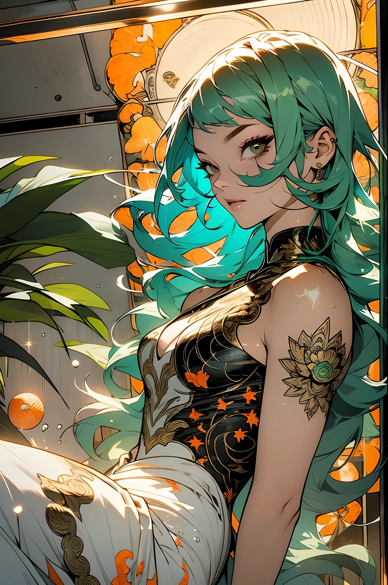 verde: 1.5, laranja: 1.1, Branco: 1.3, amarelo: 1.3, (garota yin-yang), cabelo metade branco metade escuro, tatuagens detalhadas, armadura do terror, corpo transparente, splash de cores no fundo, garments