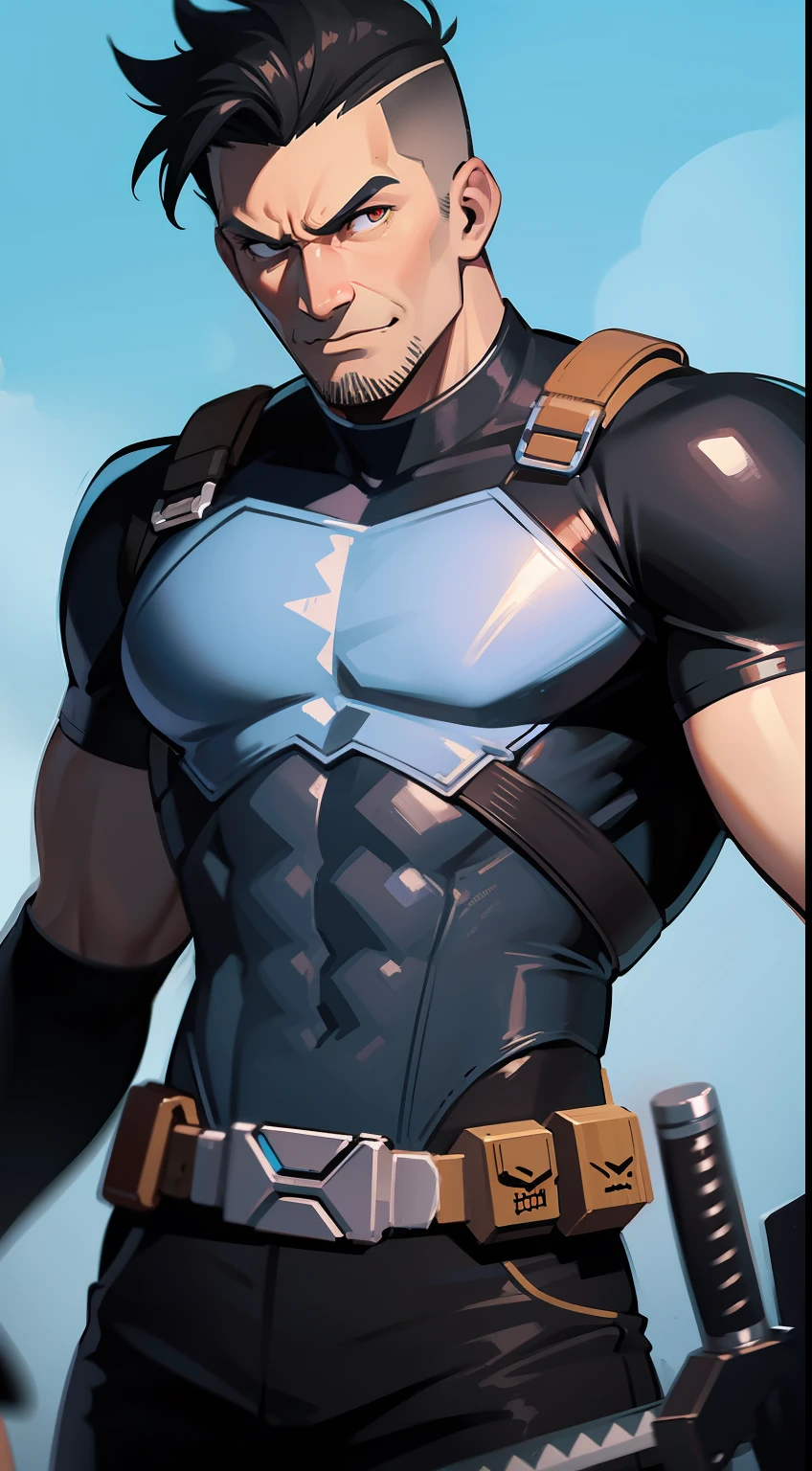 adult man, short black hair, Cyan eyes, the Punisher, anger, katana, smirk, Masterpiece, hiquality