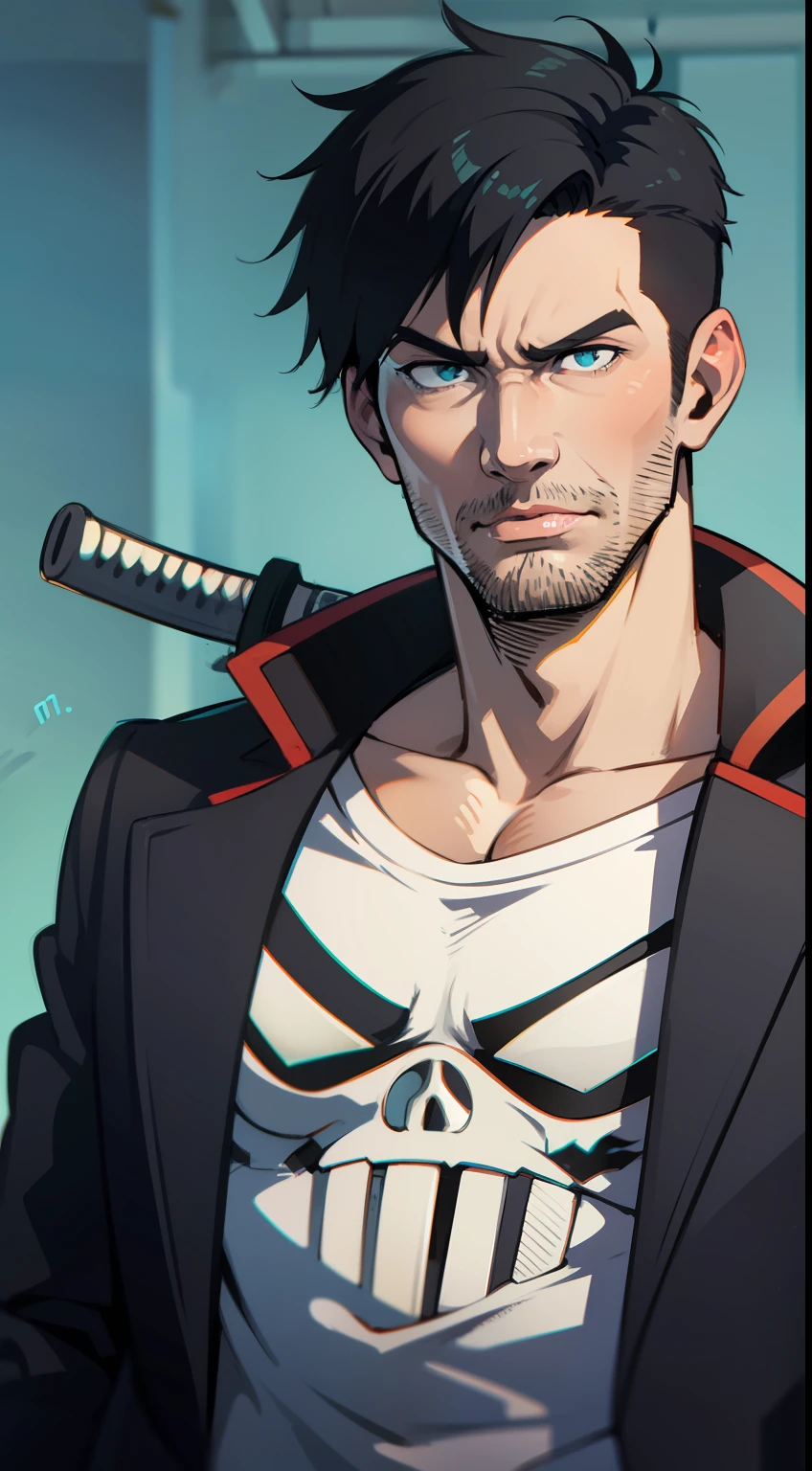adult man, short black hair, Cyan eyes, the Punisher, anger, katana, smirk, Masterpiece, hiquality