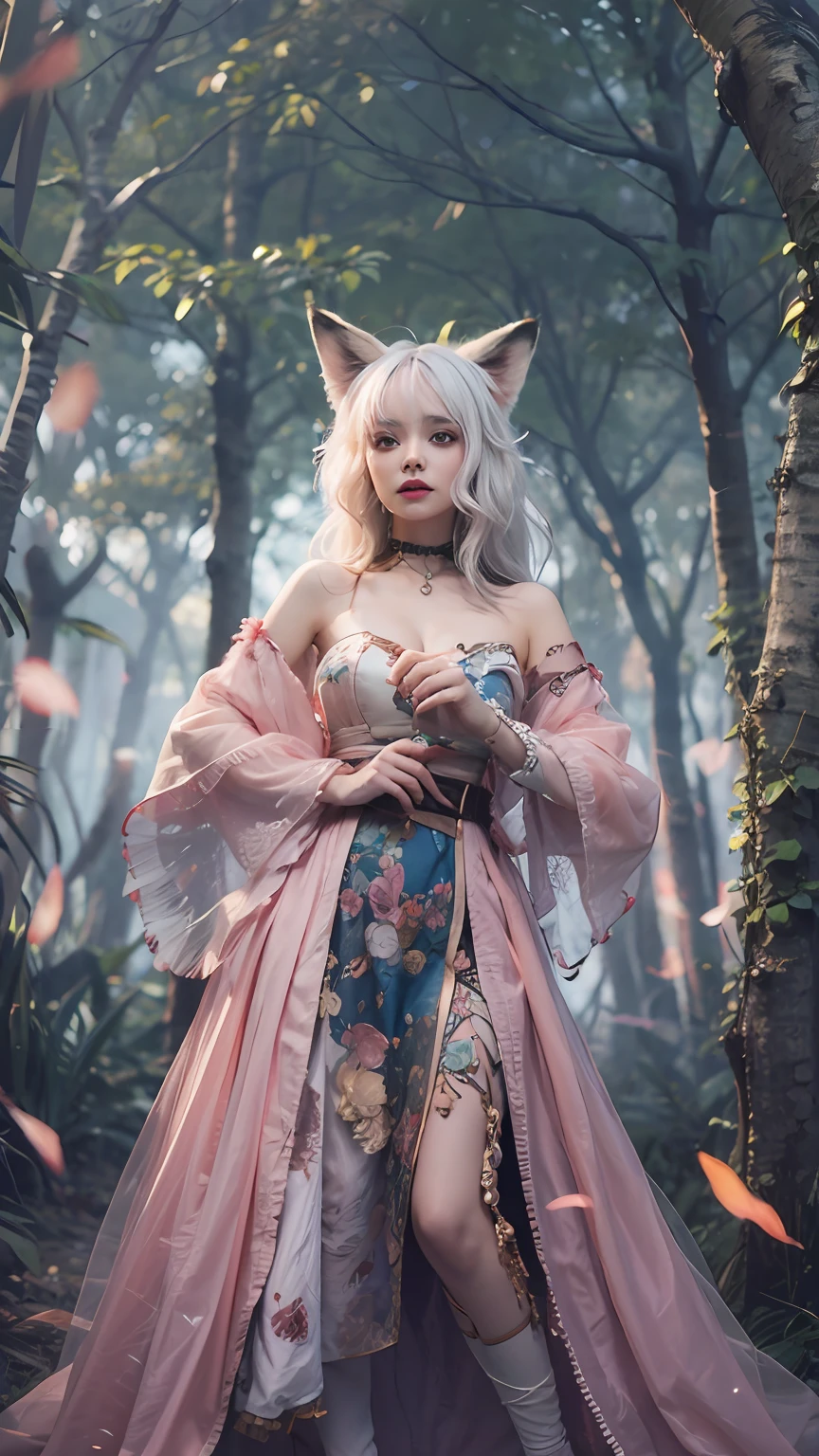 tmasterpiece，super high image quality，in a panoramic view，solo person，Live model，1 Girl with white hair with fox ears，Pink pick dye，Colorful clothes，Bare shoulders，Five fingers，In the forest at night，fully body photo，ultra - detailed，Delicate eyes and facial features，Perfect look，Ignition lighting effect，，Light occlusion，eventide，evening light