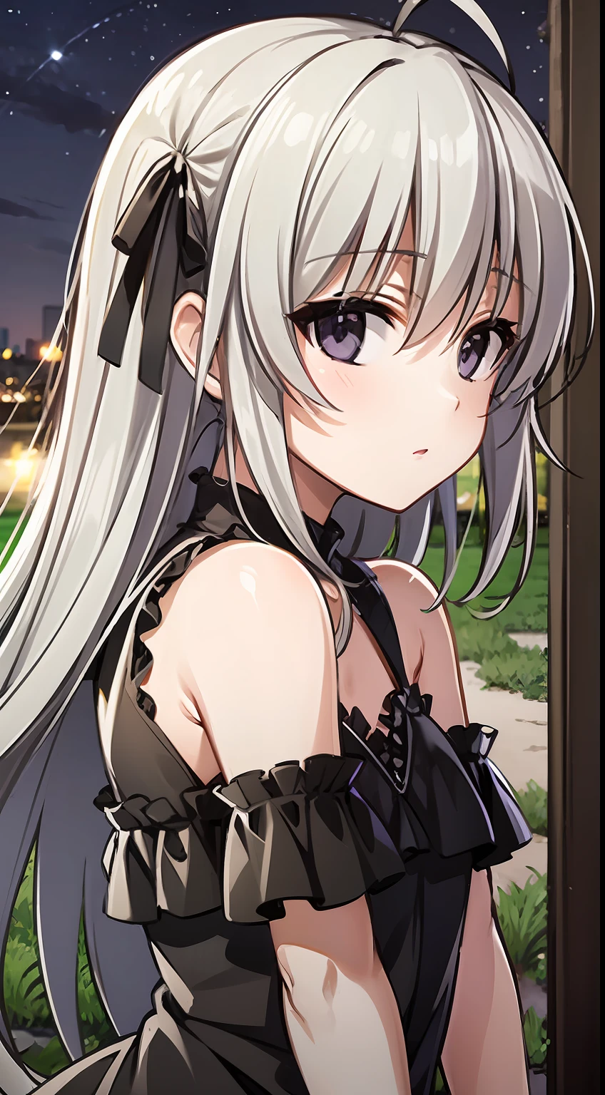 masterpiece, best quality, long hair, silver hair, purple eyes, wind, messy hair, outdoors, night, black dress,