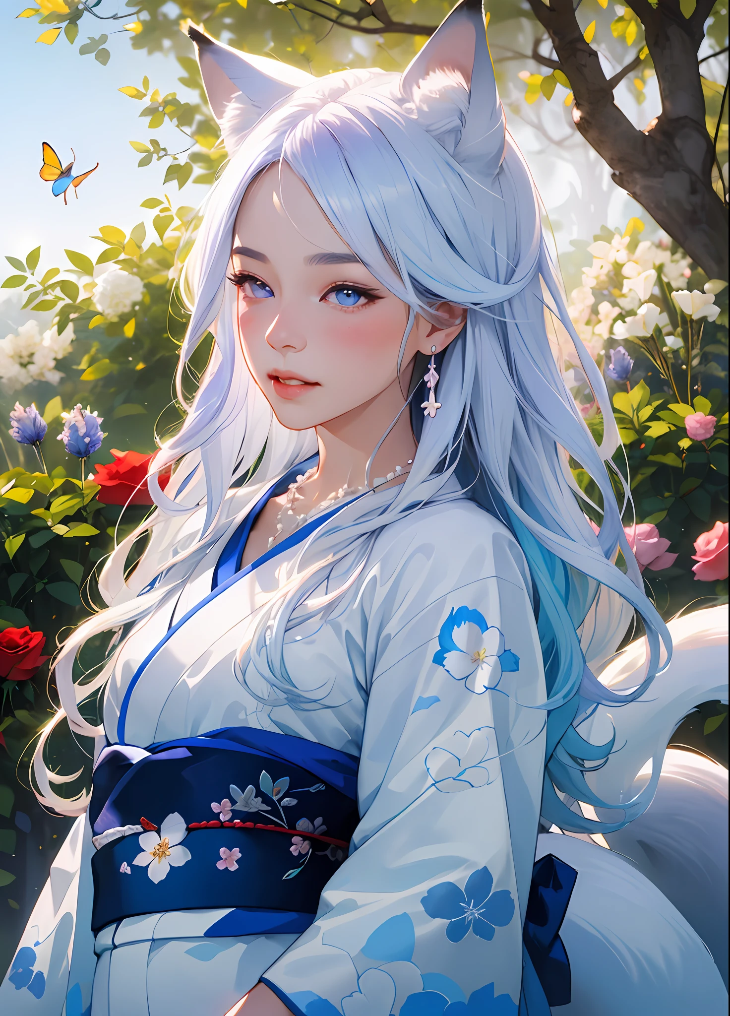 (((best quality))), (((masterpiece))), (Ultra-detailed:1.3), (Highres), official art, sunlight,1girl, adult woman kitsune, (an extremely detailed and beautiful face:0.3), (beautiful light blue eyes:0.2), long white eyelashes, (very long voluminous white,blue gradient hair:1.3), fair skin, fox tail, fox ears, (skin dentation:1.2), model, cross necklace, (white lavender floral kimono, blush, shyness, Realistic, surrounded by roses and colorful butterflies, surrounding garden, tree shadow, hair fluttering in the wind, whimsical, fantastical, 8k resolution, studio lighting