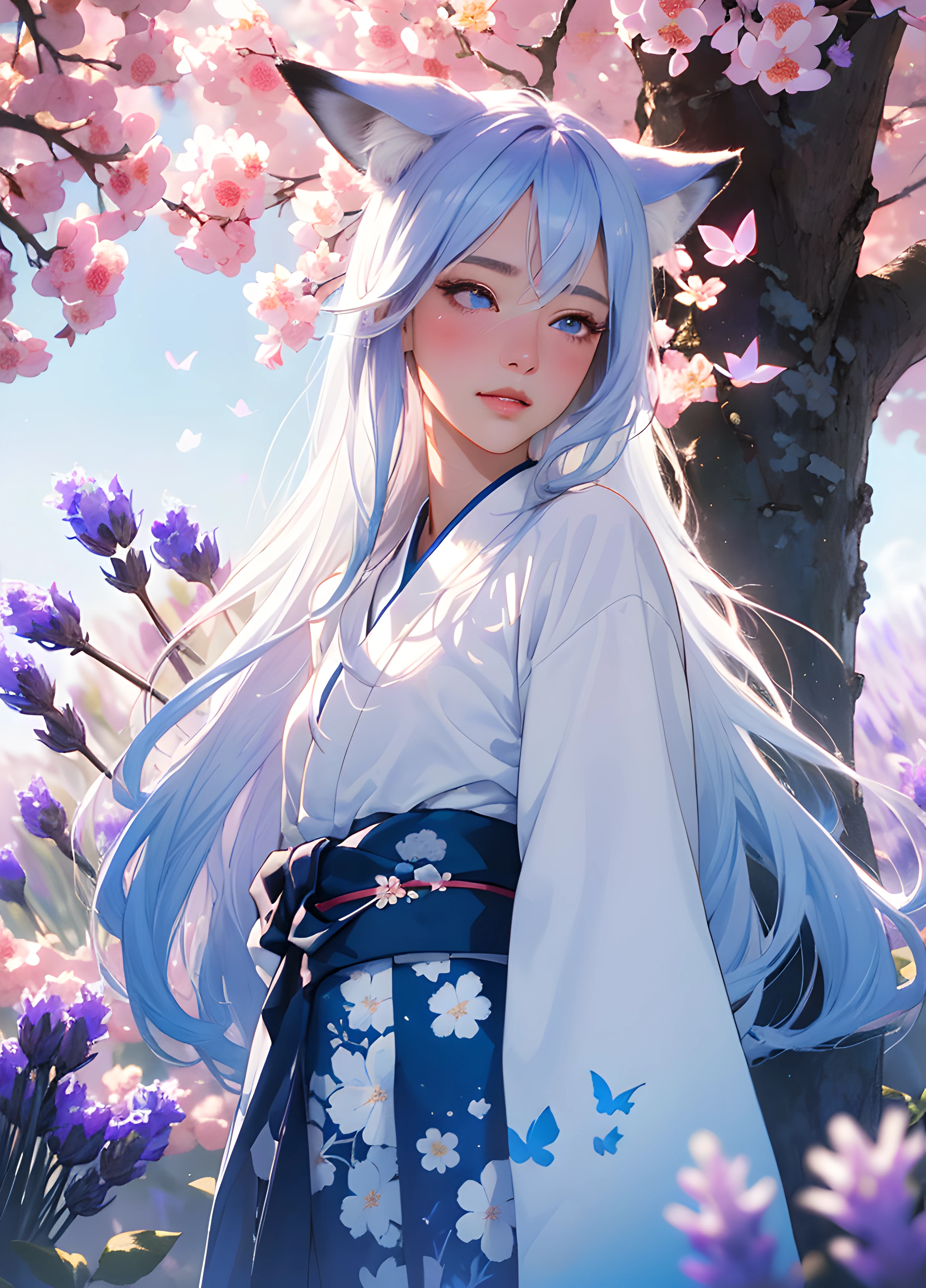 (((best quality))), (((masterpiece))), (Ultra-detailed:1.3), (Highres), official art, sunlight,1girl, adult woman kitsune, (an extremely detailed and beautiful face:0.3), (beautiful light blue eyes:0.2), long white eyelashes, (very long voluminous white,blue gradient hair:1.3), fair skin, fox tail, fox ears, (skin dentation:1.2), arms at side, (white lavender floral kimono, blush, shyness, Realistic, surrounded by roses and colorful butterflies, surrounding garden, tree shadow, hair fluttering in the wind, whimsical, fantastical, 8k resolution, studio lighting