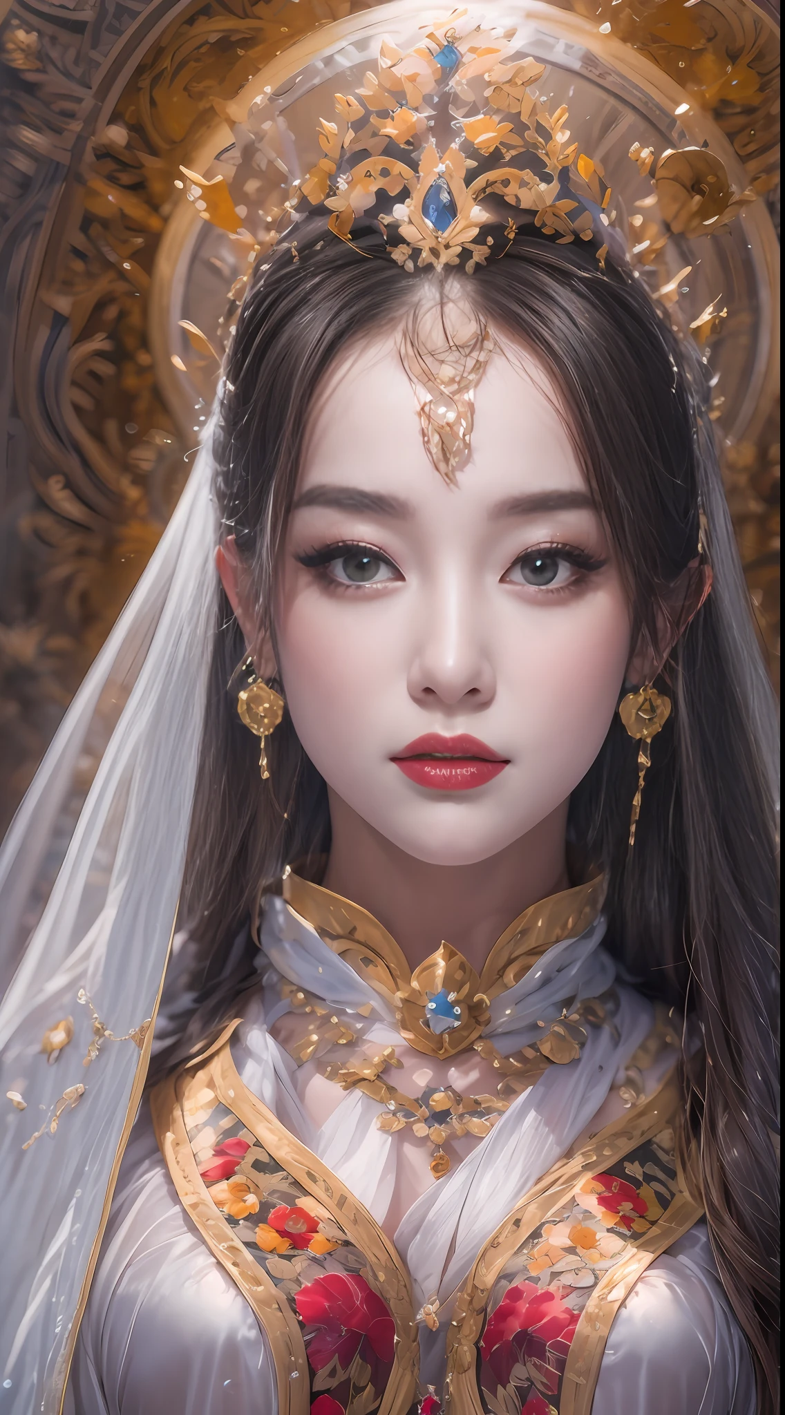 1 beautiful 27-year-old saint, charming adult saint in a long dress made of thin silk, beautiful saint with an old face, adult, wearing a thin multicolored silk dress, beautiful face without blemishes, (((Natural smile:1.0))), ((flat bangs:0.5)), (((platinum long hair:0.5))), big crown, hair brooch, hanfu dress, chinese ancient style, full body jewelry, forehead tattoo, super even chest, face, innocent face, The most beautiful and detailed light red lipstick, ((Thin plump lips:0.3)), ((Golden Eyes color:0.6)), beautiful hands:(((0.5))), ((hand full of 5 fingers:0.8)), Detailed and delicate lighting effects, light and dark, dramatic lighting, magical light, extremely detailed light, true color, super sharp, realistic, 8k quality, fantasy universe background, saints and magical space, the most detailed images, ((Solo:0.3)), ((a saintess:0.6)), ((looking directly at the saint's upper body:0.4)), ((smooth skin:0.5)), ((the holy woman's veil:0.6)), ((solo:0.5)), ((alone girl:0.4)), female saint portrait,