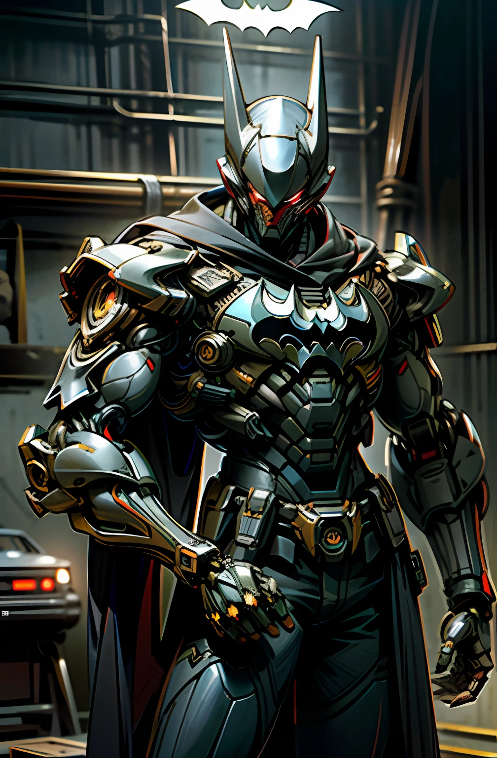 Dark_Fantasy,Cyberpunk,(motosserra,homem da motosserra,Vermelho: 1.1),((1batman)),mechanical marvel,robotic presence,cybernetic guardian, wearing a worn mechanical suit, intrincado, (steel metal [enferrujado]), elegante, foco claro , filmado por greg rutkowski, soft-lighting, cores vibrantes, obra-prima, ((rua)), tiro de cowboy, dinamic pose,