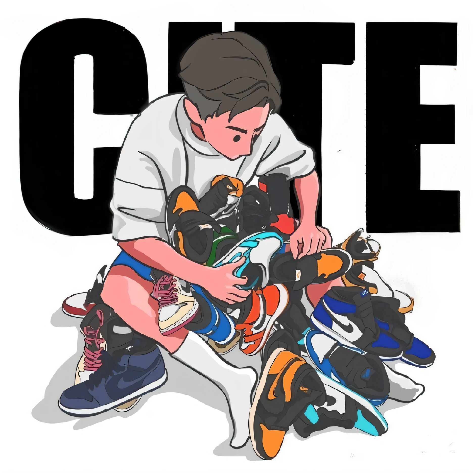 Image of a boy sitting on a pile of shoes, cute artwork, cutecore, clutter, sneaker design, Cute boy, style of jordan grimmer, Sneakers, cute looking, Cartoon Art Style, Cute boys, 🍁 Cute, cute illustration, streetwear graphic design,