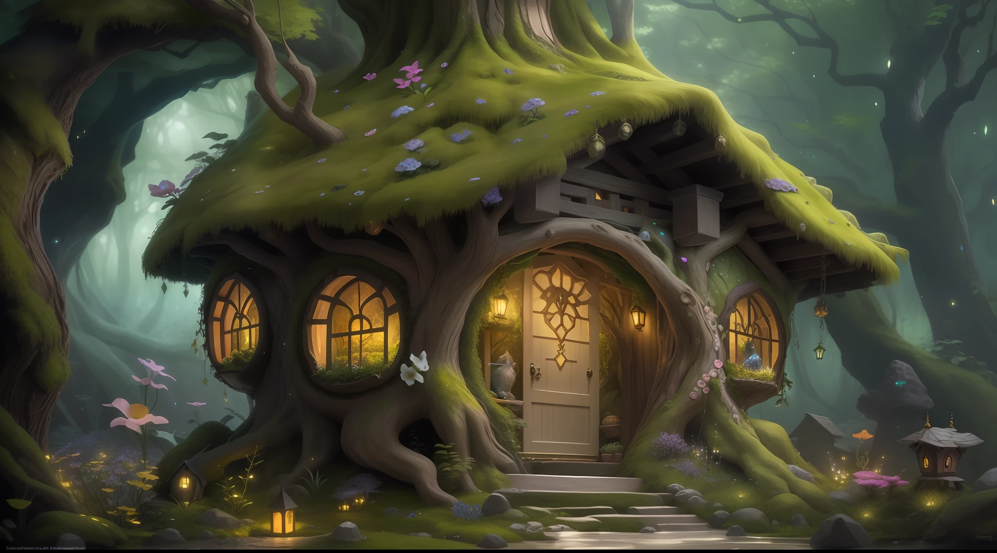 The fairy house is full of enchanting magic、It is a small fantastic dwelling。The tree々Hide in between、It is located in a small glade where the twinkling light shines gently。The fairy house is made of stones and leaves、It features a beautiful design in harmony with natural materials。Its roof is、covered with green or gold moss,,、Blend in with nature。The house has small windows and doors.、Delicately carved carved sculptures。Glowing crystals and small particles of light、Beautifully illuminate the interior、It creates a fairy magic atmosphere。Magic flowers around the perimeter of the house々And trees in full bloom々々、Strange and beautiful creatures are playing