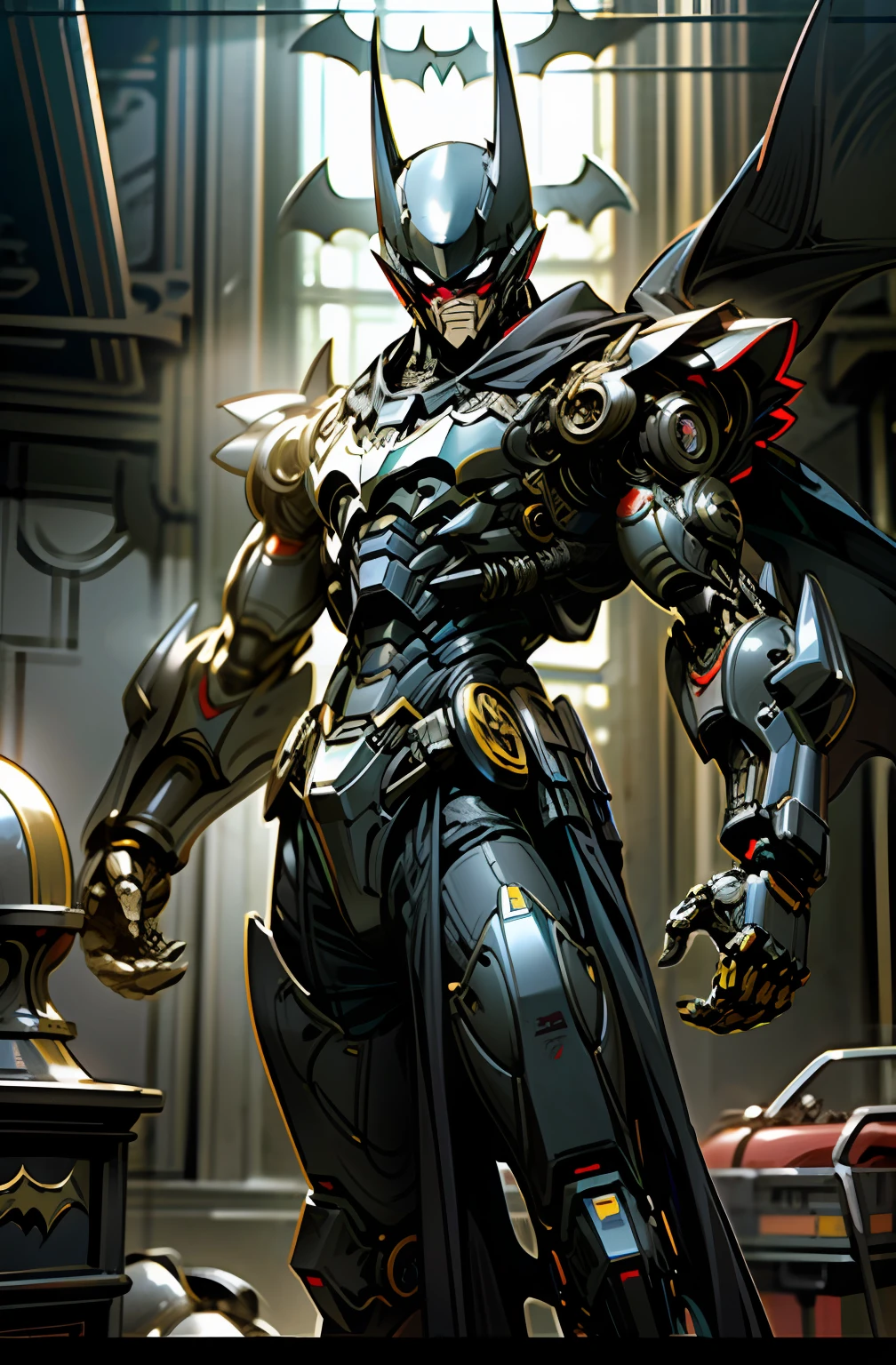 Dark_Fantasy,Cyberpunk,(motosserra,homem da motosserra,Vermelho: 1.1),((1batman)),mechanical marvel,robotic presence,cybernetic guardian, wearing a worn mechanical suit, intrincado, (steel metal [enferrujado]), elegante, foco claro , filmado por greg rutkowski, soft-lighting, cores vibrantes, obra-prima, ((rua)), tiro de cowboy, dinamic pose,