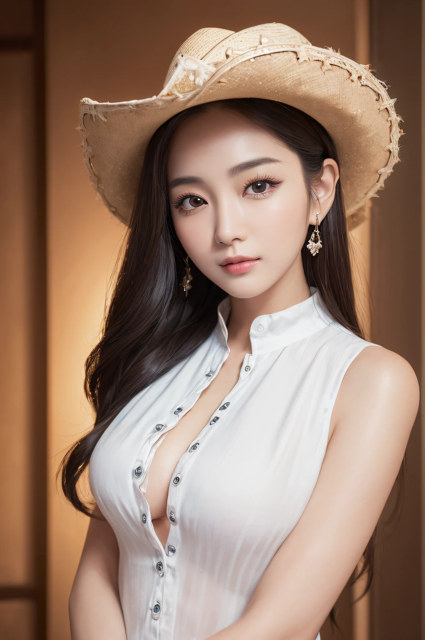 ((best qualtiy、8k masterpieces:1.3))、foco nítido:1.2、(ultra beautiful faces:1.0)、(shinny skin:1.0)、photos realistic、A dark-haired、Video Lighting、High-definition eyes and face、Video Lighting、(cowboy shot:1.3)、(Korean Cute Actress)、from the front side、medium large breasts、ssmile、Sleeveless、Wearing a white blouse
