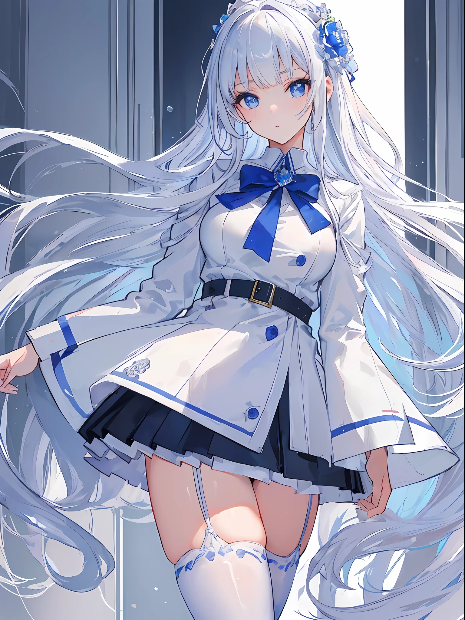 (masterpiece:1.3), (best quality:1.1), ((1girl)), ((solo)), (finely detailed eyes and detailed face:1.3), (beautiful and clear background:1.2), blue eyes, white shirt ,long labcoat, black office skirt, thighhighs, full body, standing, hands in pockets, bored, depth of field, laboratory, (illustration:1.1), (extremely fine and beautiful:1.1), (perfect details:1.1), (mature female), ,facing viewer, upper body, focus on face