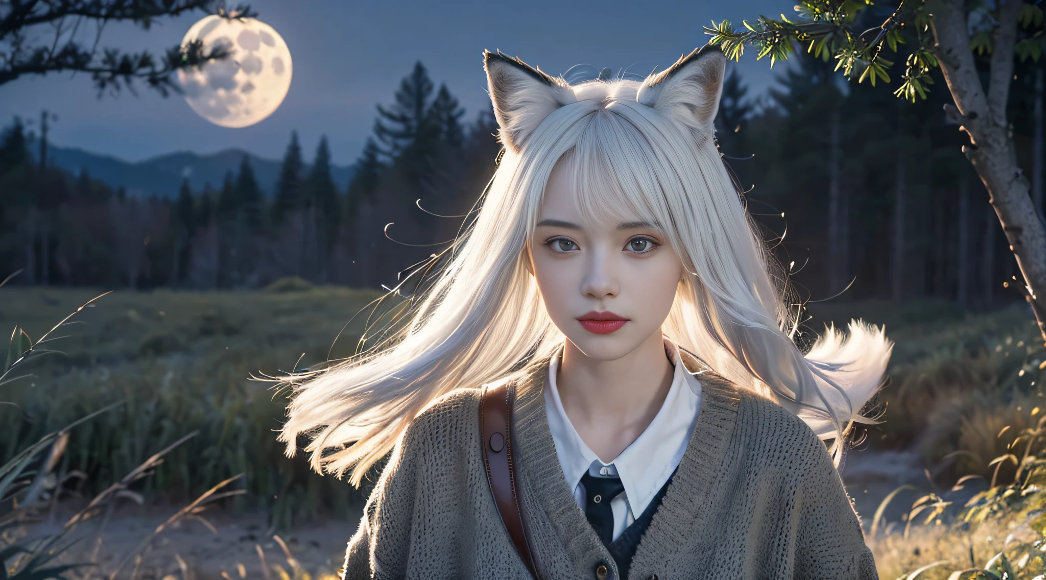 (((((quality：Best quality, Masterpiece))), styled：Ink wind, Poetic), 1 Girl with white hair with fox ears(nine tail fox, Silver hair, Bright eyes, Glimpse), (Night comes, Moonshine pouring, The moon hangs, Pine branches, In the weeds), The picture is soulful, Show mysterious poetry and moving beauty