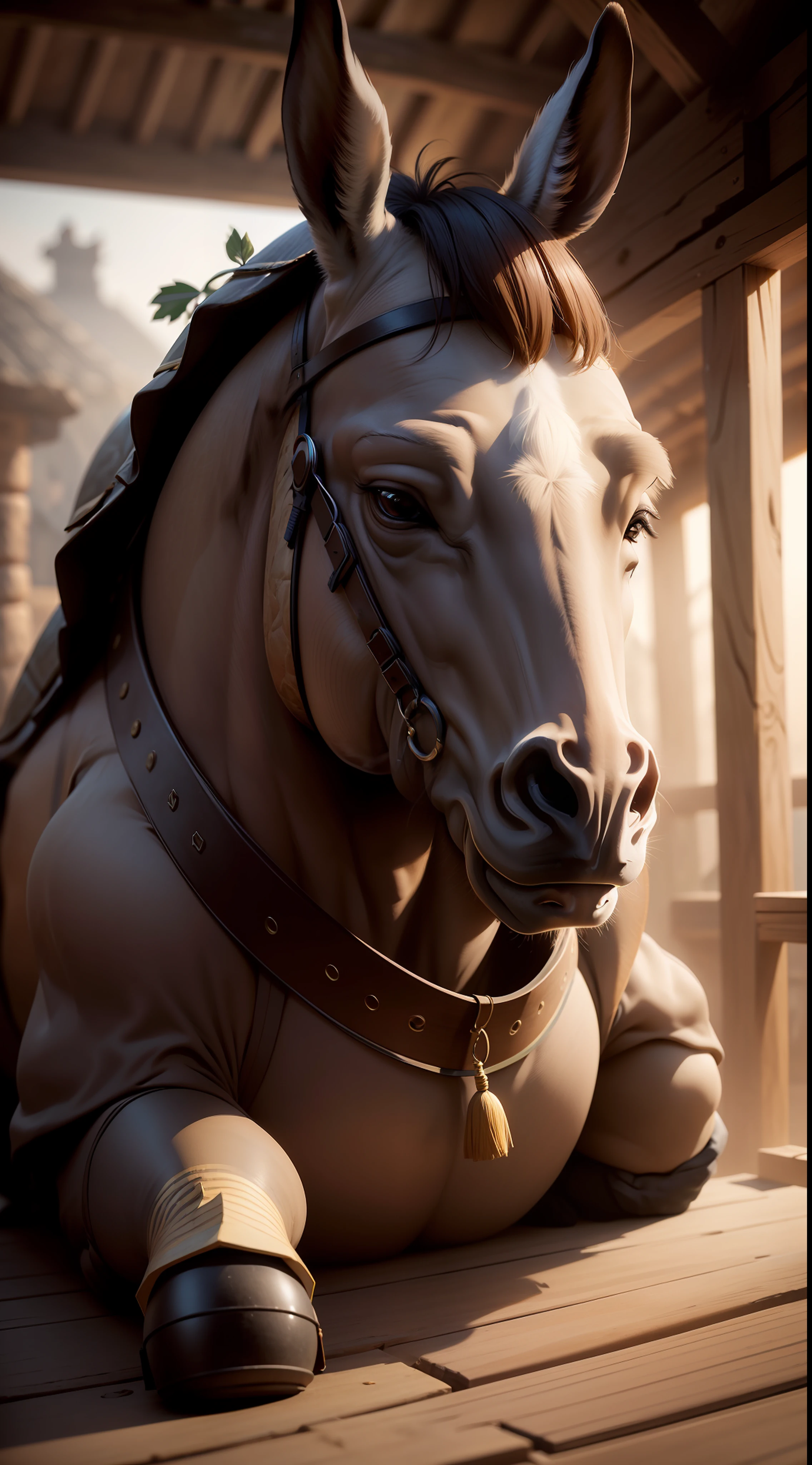 The head of a donkey(The human body,A turtle,Donkey-headed human body)(超高分辨率,realisticlying,best qualtiy,realisticlying),(8K fix,Original image quality),villages,llight rays