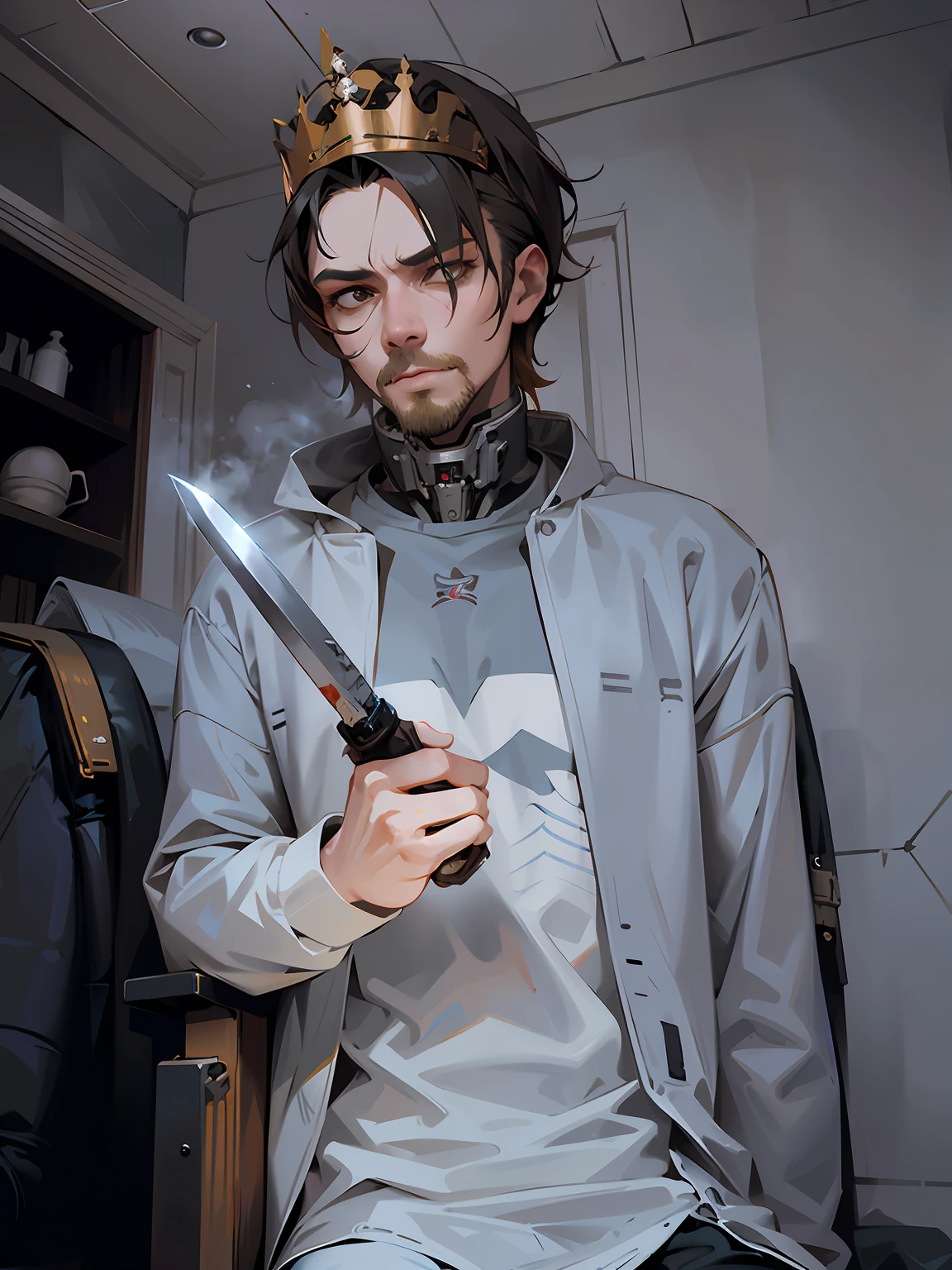 there is a man in a crown holding a knife, cyberpunk style, artwork in the style of guweiz, dirty-blond colored hair