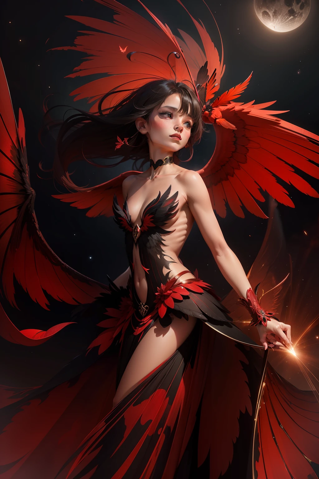 A tiny mystical entity with delicate wings, dressed in a vibrant nude red and black costume, soaring through the night sky with a magical aura.