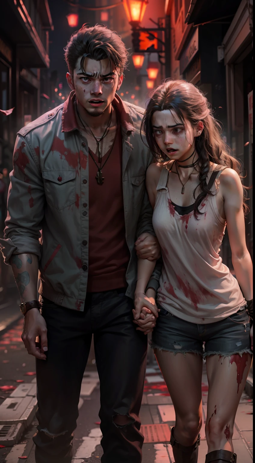 /imagine prompt: A young man in panic holds the hand of a young woman tightly, with a look of fear and nervousness, blood-stained streets around with constant chasing and roaring sounds,