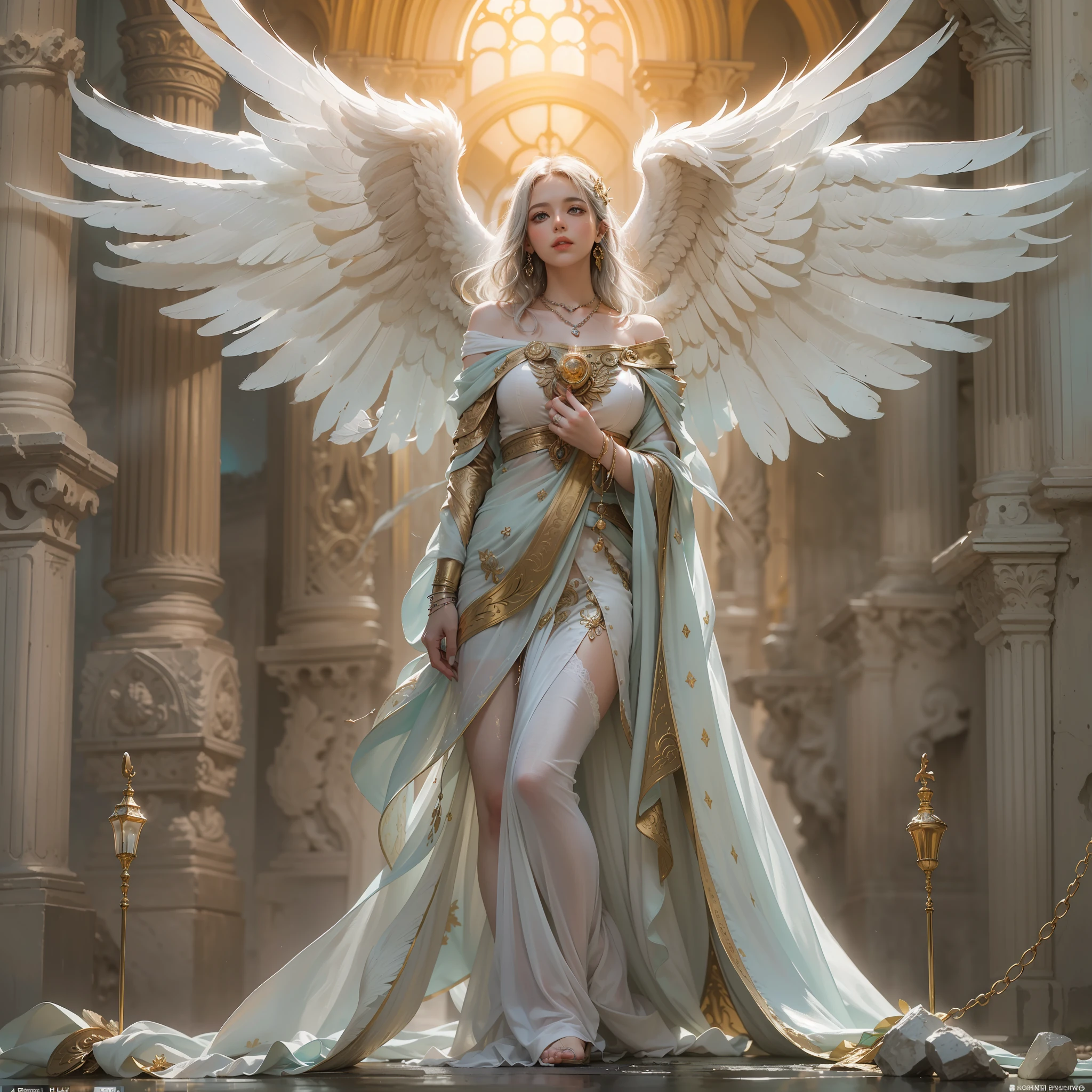 (Numerous award-winning masterpieces, with incredible detail, textures and maximum detail), (hyper realistic:1.4), (realistic:1.3), (best quality real texture skin), (finely detailed true circle Symmetrical eyes:1.3), finely detailed face, ((medieval world)), ((((black angel of the Lord, white angel of the Lord)))), (Full-length portrait:1.5), (Beautiful kind eyes), (She has a mischievous smile on her face), (Beautifully colored eyes filled with compassion), (Angels dancing in the background), (Dramatic Light), (A majestic sight), (Her expression is serene full of tenderness and very beautiful), ((Large wings with pure white feathers behind the shoulders)), (((Folded wings))), Glass earrings on the ears, (((dramatic photo))), (twilight), (sunset), (dusk), (Sacred Pose), ((dramatic pose)), (flamboyant photo), (golden hair), (silver hair), (chestnut hair), Short cut hair, ((Full-length portrait)), ((looks up)), ((looking down)), ((full-body standing image)), ((gives full-body standing image)), (Around her neck is a simple necklace of exquisite workmanship), Old ruins infested with plants, great temple, great cathedral, temple ruins, detached temple, Luminous magic circle, Ruins of an ancient castle, Deserted ruins, crumbling ruins, Ancient ruins with clear water, wavelets, running water, Shining majestic cloud masses and sky, halo optical phenomenon, Sacred Light, epic realistic, ((neutral colors)), (hdr:1.5), (muted colors:1.2), hyper detailed, cinematic, warm lights, dramatic light, (intricate details:1.1), complex background,