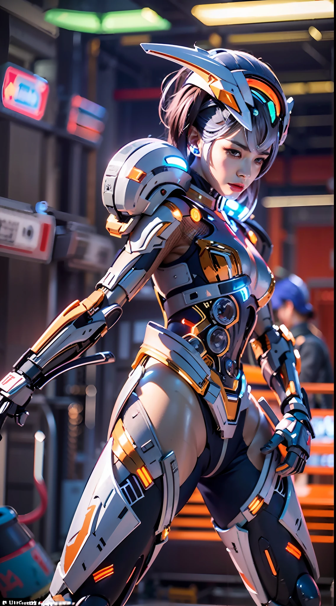 Full Body View CyberArmor Ultraman Empress is spreading her wings of light in outer space, ready to leap,The Ultra Armor Ultraman Empress in the ultra-wide-angle shot has an ethereal and graceful posture,Stretch out the light wings is magnificent,Cyberarmor Ultraman Empress has a sexy and atmospheric figure,K-cup teardrop-shaped giant tit chest tears the armor apart, making her sexy sex characteristics obvious body particularly attractive,She was facing the unfolding portal,Behind you is a bright starry sky and the wreckage of an enemy plane that exploded and crashed,At your feet is the planet Cyber,A glorious body cloaked in space rays,A pair of huge heterochromatic eyes of Kaziran,Those eyes had dreamy neon flashing pupils,The sexy and tight waist and abdomen line is sexy and graceful,Cyber Armor Ultraman Empress Beauty collarbone connects to slender shoulder arms,There are graceful hands that are ergonomic and physiologically normal,Knee-length fishnet sock armor on his legs,Wearing Skyscraper Heels armor on his feet,There is no fat all over the body,And the funnel shape is slim at the waist,The buttock armor looks rounded and sexy,The slender robotic arms and beautiful legs are super slender,Gorgeous mech liveries and pulsed light strips give her a futuristic mechanical aesthetic,Use Midjourney's advanced stroke tools and experiment with different color palettes and strokes to reveal and improve clarity and detail,The starry sky elements in the background use hash power to reflect the sexy mechanics of all parts of the body of the Cyberarmor Ultraman Empress,Improve image quality and clarity,Cyberarmor Ultraman Empress is a streamlined mechanical trait that coexists mechanically and sexy,The result is incredible detail throughout the picture。Use Midjourney's advanced brush tools and experiment with different color palettes and texture tools, stroke tools, material packs, character expression tools, and show and enhance the sexy elements in your scene,The result