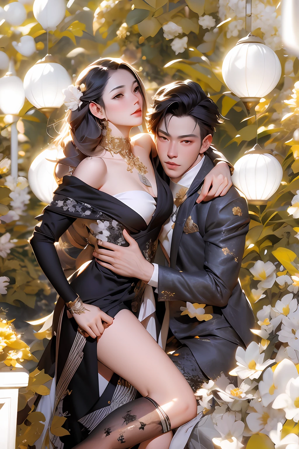 a woman in a black dress and a man in a suit hugging, roberto ferri and ruan jia, jin shan and ross tran, jordan grimmer and natasha tan, photoshoot, ruan jian, jia, ruan jia and brom, kimi vera, tang mo, bian luan, feng zhu |, ruan jia and fenghua zhong,, beautiful line art, detailed manga style, extremely fine ink lineart, black and white manga style, black and white line art, ink manga drawing, intense line art, pencil and ink manga drawing, intense black line art, in style of manga, exquisite line art, perfect lineart,exquisite line art, exquisite digital illustration, detailed digital drawing, black and white coloring, digital anime illustration, a beautiful artwork illustration, detailed matte fantasy portrait, beautiful line art, great digital art with details, goddess. extremely high detail, 4k detailed digital art, stunning digital illustration, digital fantasy illustration,((Best quality)), ((masterpiece)), (detailed:1.4), 3D, an image of a beautiful female,HDR (High Dynamic Range),Ray Tracing,NVIDIA RTX,Super-Resolution,Unreal 5,Subsurface scattering,PBR Texturing,Post-processing,Anisotropic Filtering,Depth-of-field,Maximum clarity and sharpness,Multi-layered textures,Albedo and Specular maps,Surface shading,Accurate simulation of light-material interaction,Perfect proportions,Octane Render, Two-tone lighting,Wide aperture,Low ISO,White balance,Rule of thirds,8K RAW