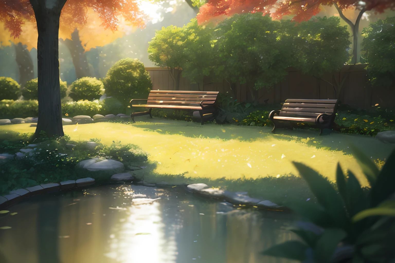 (Wide shot, very wide wide shot, blurryforeground, The background is blurred out, Perspective:1.3), Colorful leaves, Comfortable bench, Tranquil atmosphere, comfort, Idyllic:0.7, Subsurface scattering:1.2, Ray traching:1.0, Depth of field:1.0, Bokeh:0.5, god light:0.6, Vivid colors:1.1, Cinematic hard lighting:0.7, Realistic shadows:1.4,