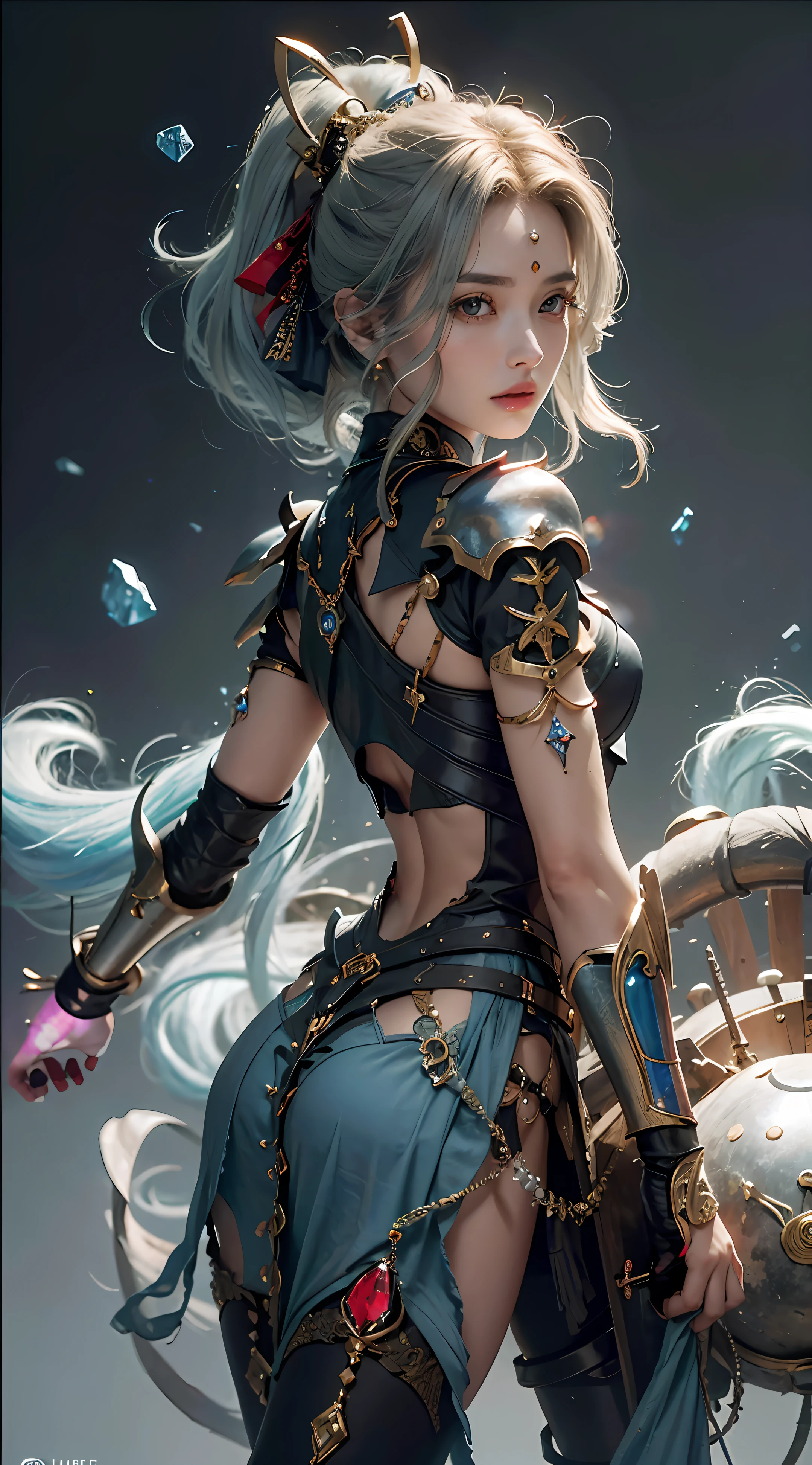 tmasterpiece,high qulity,3D,8k CG,Complicated details,detailed back ground,Holy。trinkets,by DylanKowalski,((1girll)),The upper part of the body,musculous,Hollows in the skin,side looking,short detailed hair,prosthetic limbs,machine arm,synthetic skin,chinaware,pearls,holograph,TI,Diamond,Red Jewel,sapphires,Pedras preciosas,Wind, junk, Frayed edges, Armour,ninjartist