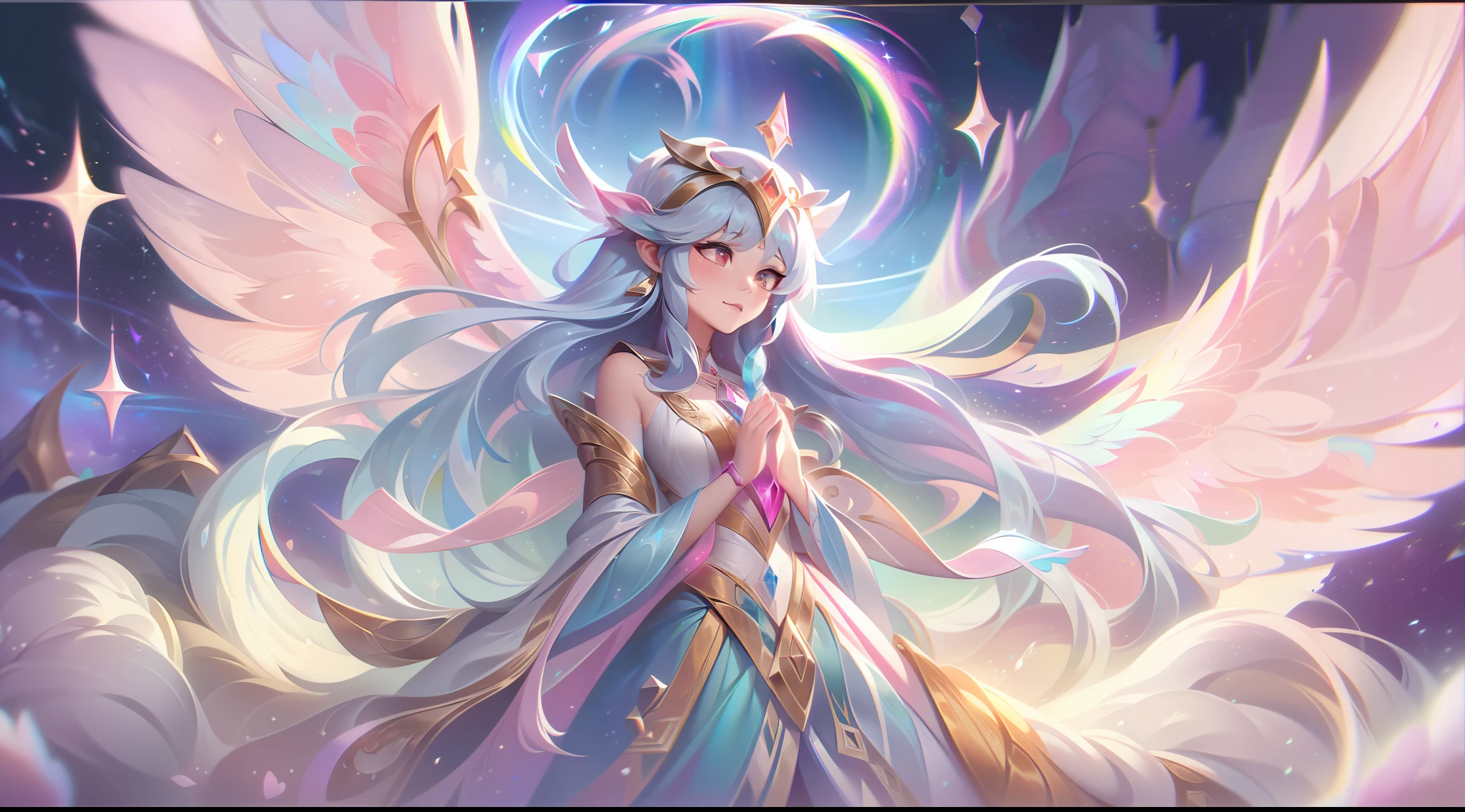 A arte splash base de "Heavenly Guardian Lyra" apresenta uma cena deslumbrante e sobrenatural. Standing in the midst of a heavenly scenery, Lyra, the Empathetic Guardian, exudes a sense of tranquility and wisdom. His appearance is that of a heavenly being, adornado com cintilantes, iridescent wings radiating an ethereal glow. Lyra's empathetic cast is on full display, depicted as threads of energy flowing from his outstretched hands. These strands of energy connect with the champions around you, symbolizing your ability to channel and manipulate emotions. In the background, The cosmic landscape increases the grandeur of the image. Twinkling stars and distant galaxies create a sense of wonder and awe, emphasizing Lyra's heavenly origins and her role as guardian of emotions. The color palette is a harmonious blend of soft pastel tones, evoking a serene and peaceful atmosphere. The overall composition exudes a sense of calm and inner strength, reflecting the harmonious balance that Lyra strives to achieve.