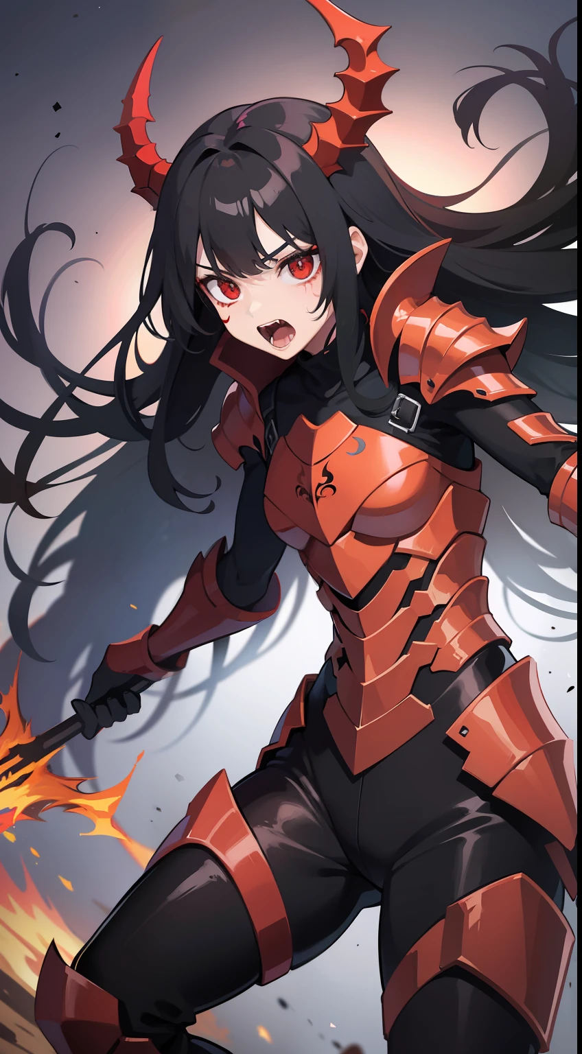 Young guy, Long black hair, red-eyes, red tattoos, Demonic armor, Rage, Masterpiece, hiquality
