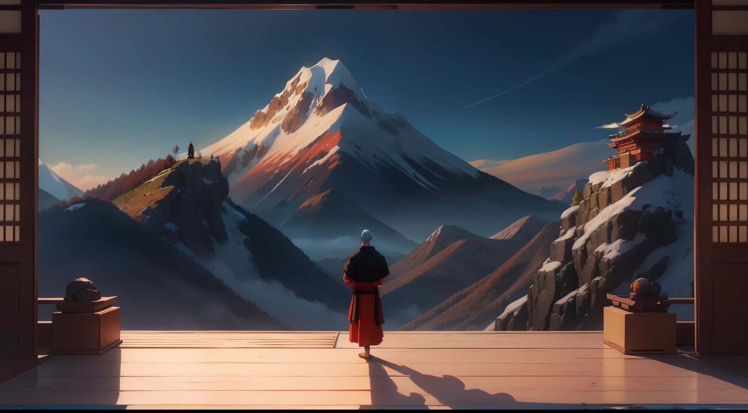Standing on the top of a hill overlooking the valley, the Araffed monks stand on the top, dojo on a mountain, inspired by Shūbun Tenshō, background artwork, looking at the mountains, some mountains in the background, inspired by Saneatsu Mushanokōji, a wanderer on a mountain, inspired by Sesshū Tōyō