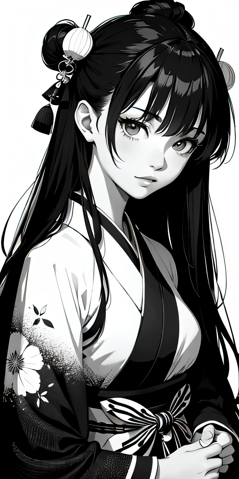 absurdres, highres, ultradetailed, (1girl:1.6), grainy, black and white, BREAK, ((japanese traditional art)), (black and white), mesmerizing shapes, dreamy imagery, zen calligraphy, BREAK, hanfu, geisha, exotic, upper body